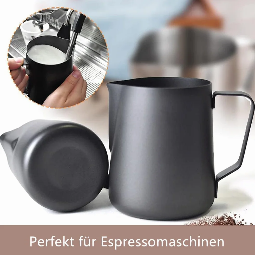 LATRAT Coffee Barista dzbanek na mleko ze stali nierdzewnej, idealny do produkcji pianki mlecznej, uniwersalny dzbanek do spieniania mleka do cappuccino i latte, czarny, 350 ml