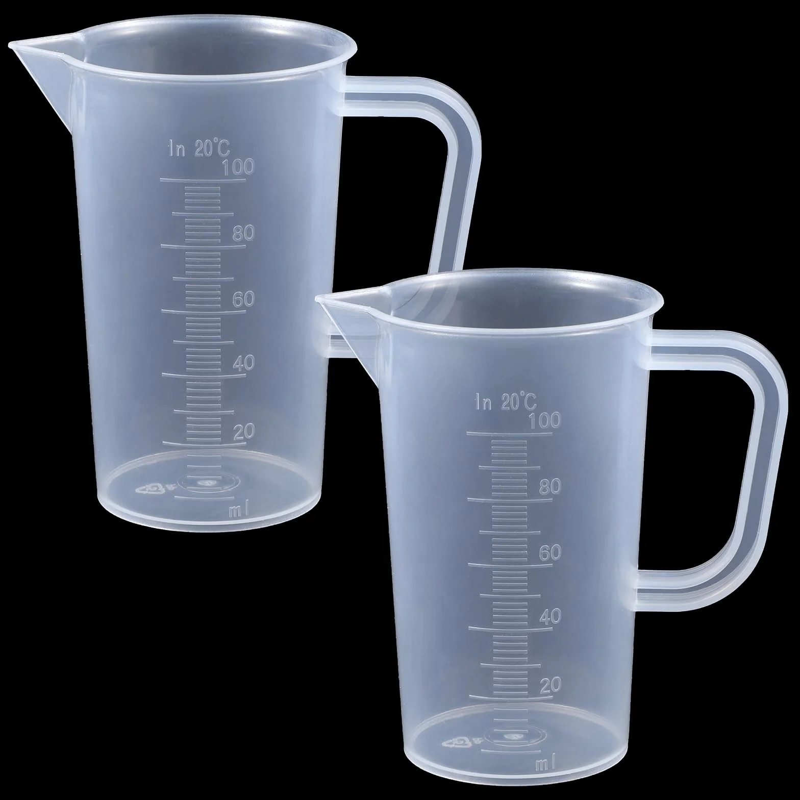 2 kubki z miarką 100 ml, małe, z tworzywa sztucznego, przezroczyste, z wagą, mini miarka, pomoc w dozowaniu środków piorących, kuchni, pieczenia, laboratorium, gotowania, 2 sztuki