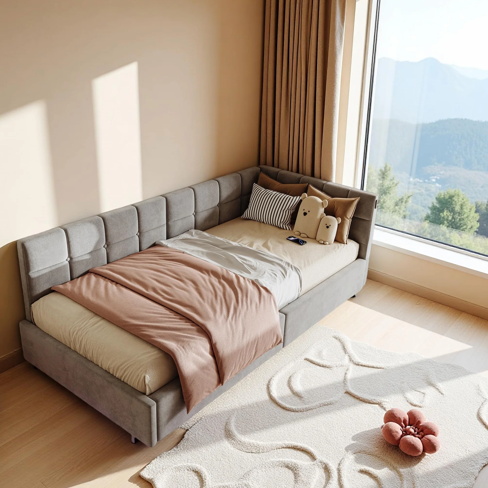 Łóżko tapicerowane, sofa z funkcją spania, 90 x 200 cm, z diodami LED i USB, łóżko młodzieżowe, wielofunkcyjne z hydrauliczną przestrzenią do przechowywania i skrzynią na pościel, sofa z funkcją