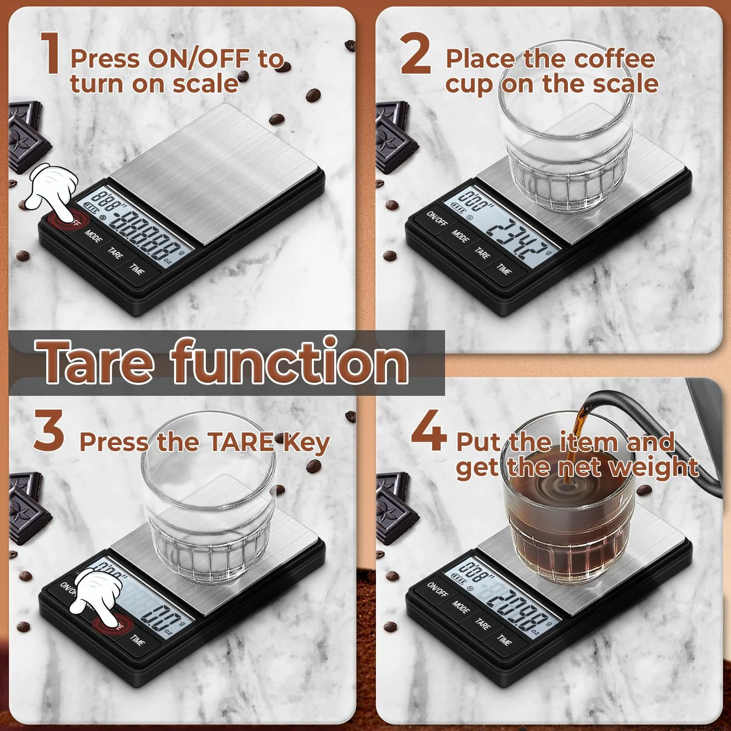 UNIWEIGH Waga do kawy 1000 g/0,1 g, z timerem, cyfrowa waga kuchenna, Barista z wyświetlaczem LCD (w zestawie baterie)
