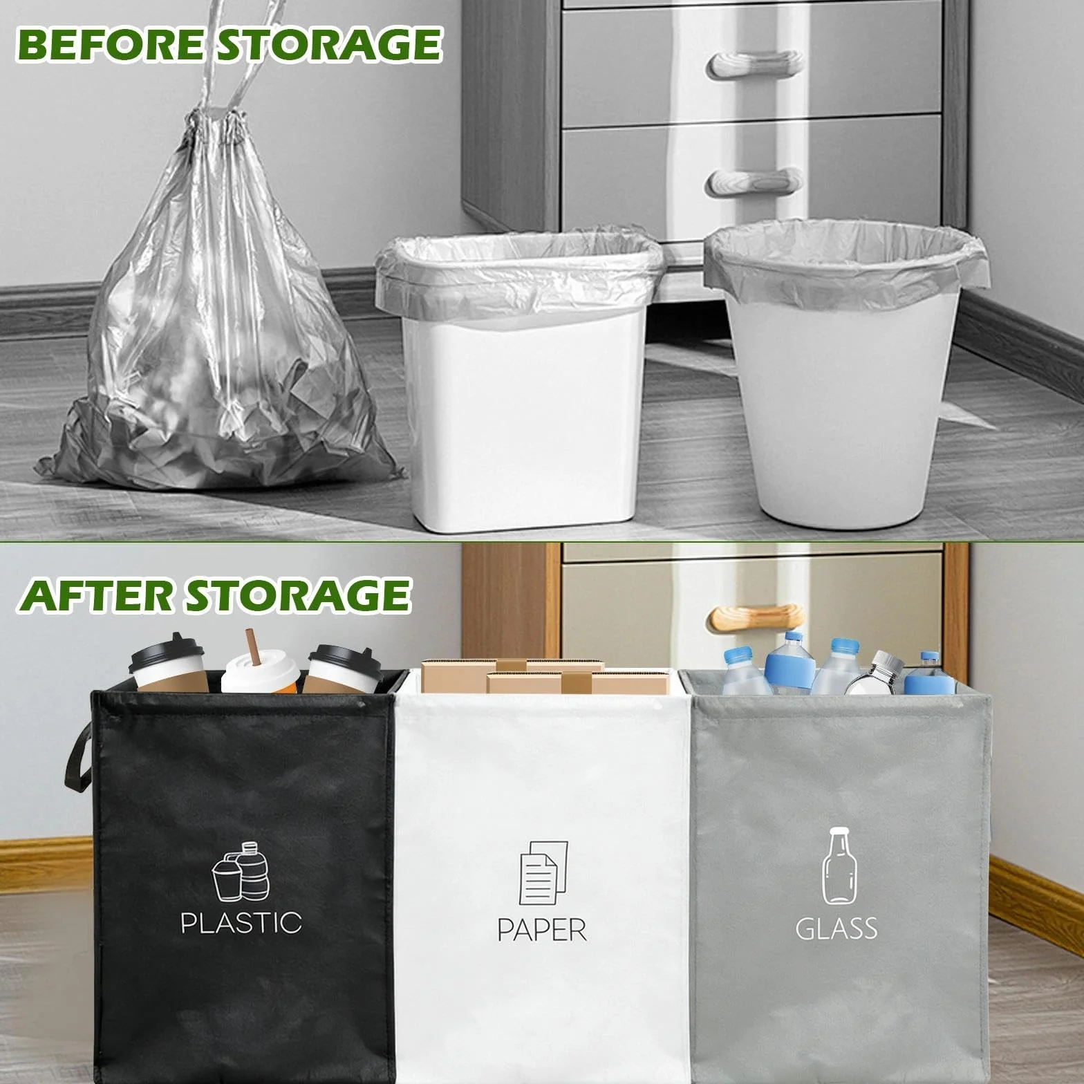 Wvu & Wvo System segregacji śmieci 3-częściowy – zestaw 3 systemów segregacji śmieci na plastik, papier i szkło – pojemniki do recyklingu i zbierania starego papieru z uchwytem, rozwiązanie do