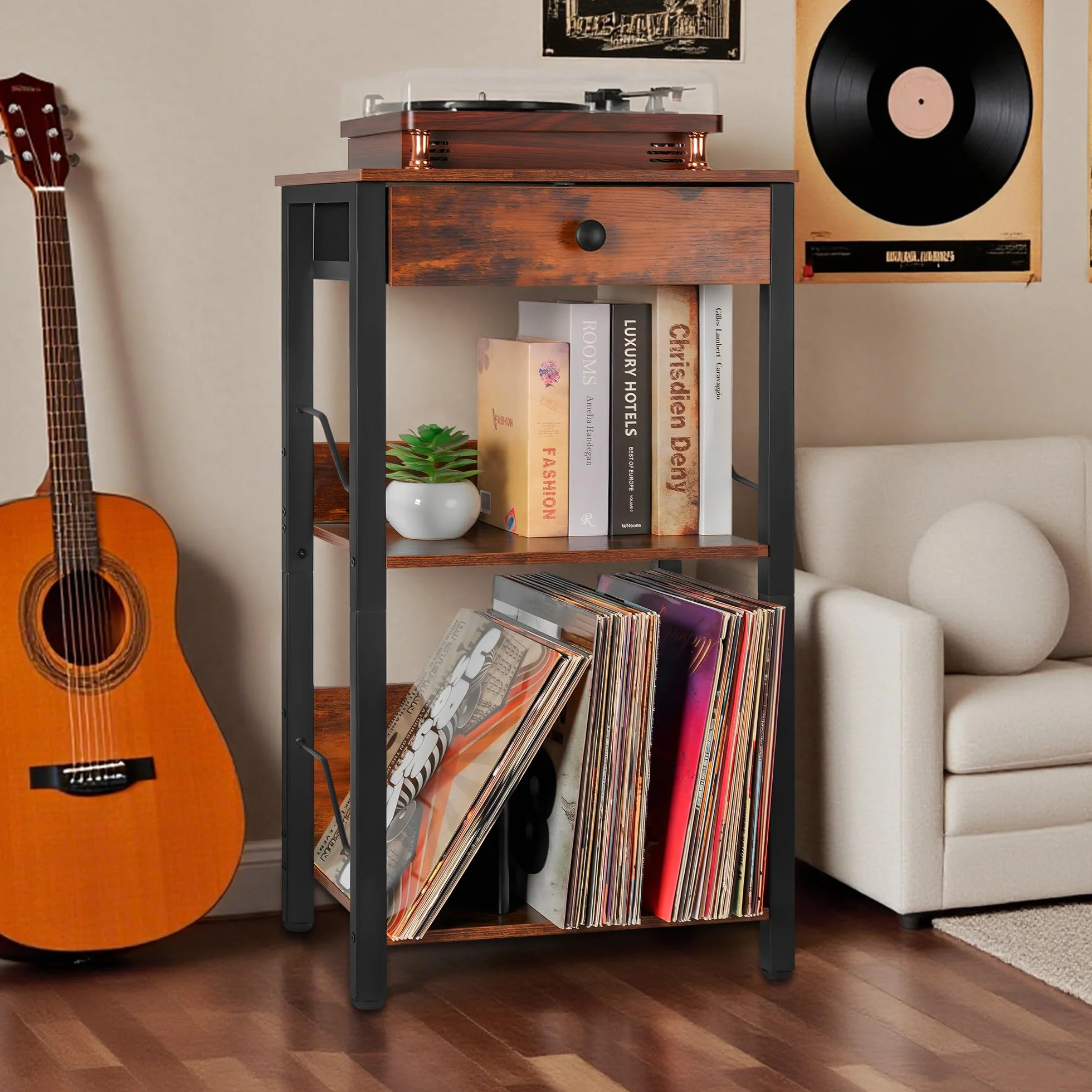 OUUTMEE Vinylowy stojak na gramofon, 3-stopniowy stół z szufladą i półką, do przechowywania maks. 100 albumów