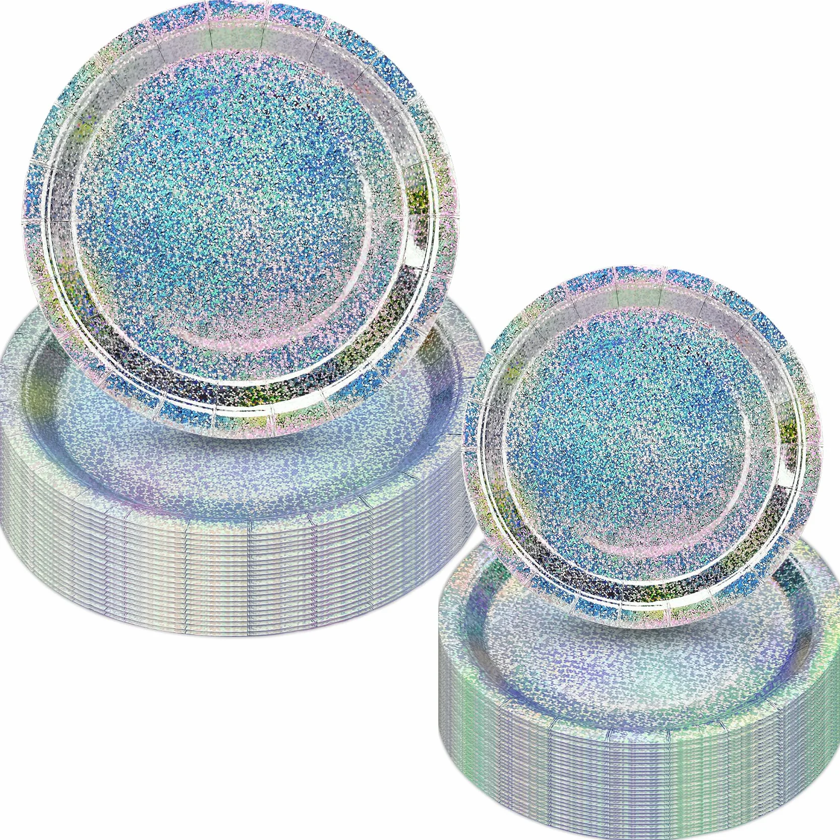 CEILIWEN 100 sztuk opalizujących papierowych talerzy, holograficzne, jednorazowe talerze, 18 cm i 23 cm, okrągłe jednorazowe opalizujące tęczowe papierowe talerze imprezowe (opalizujące talerze
