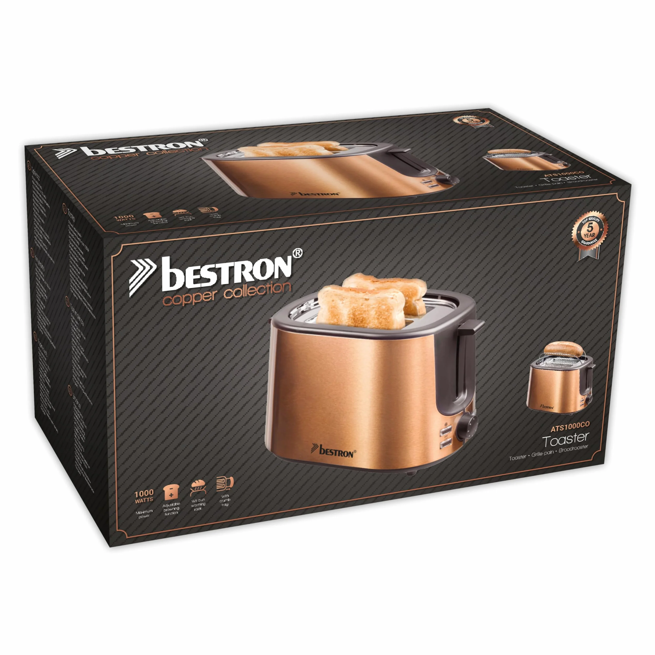 Bestron Toster z 2 komorami do pieczenia, szufladą na okruchy i nasadką do pieczenia bułek, 1000 W, stal szlachetna o wyglądzie miedzi