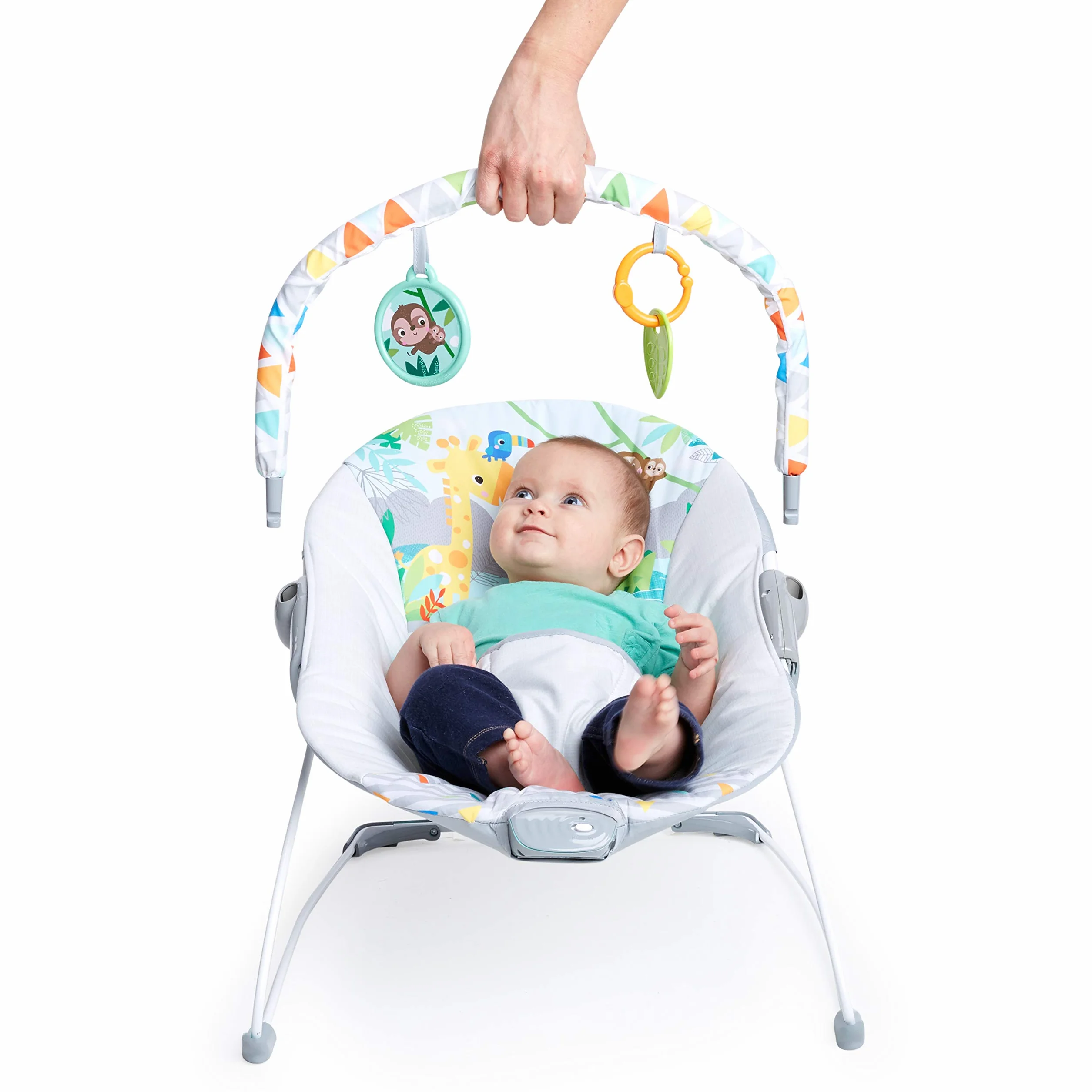 Bright Starts, Łopatka dla niemowląt, Safari Fun z uspokajającymi wibracjami, poduszka do siedzenia, nadająca się do prania w pralce, antypoślizgowe nóżki i 2 zabawki