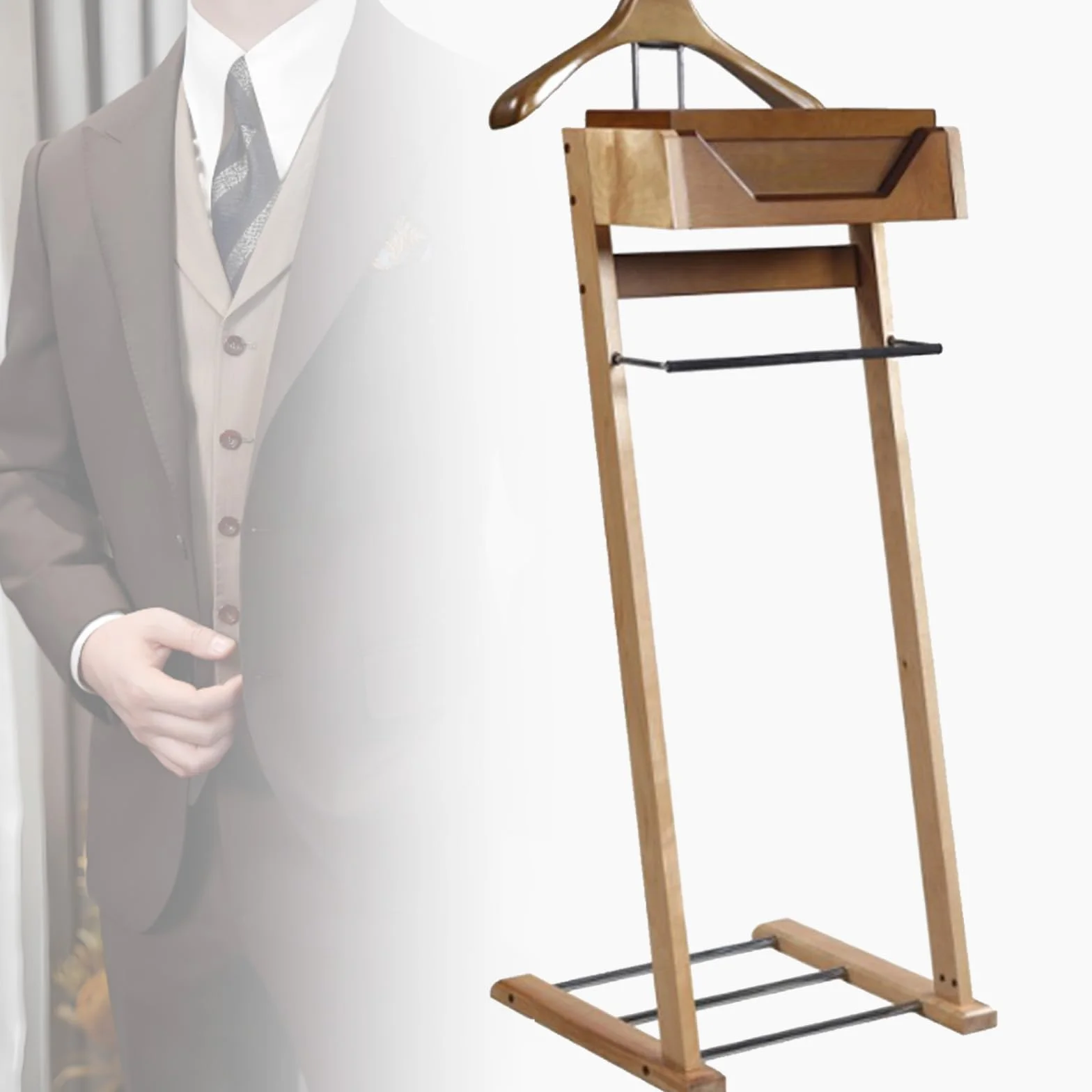 Elegancki drewniany stojak na garnitur z półką na buty i drążkiem do spodni – stylowe ubrania dla mężczyzn i kobiet idealny do biura i salonu