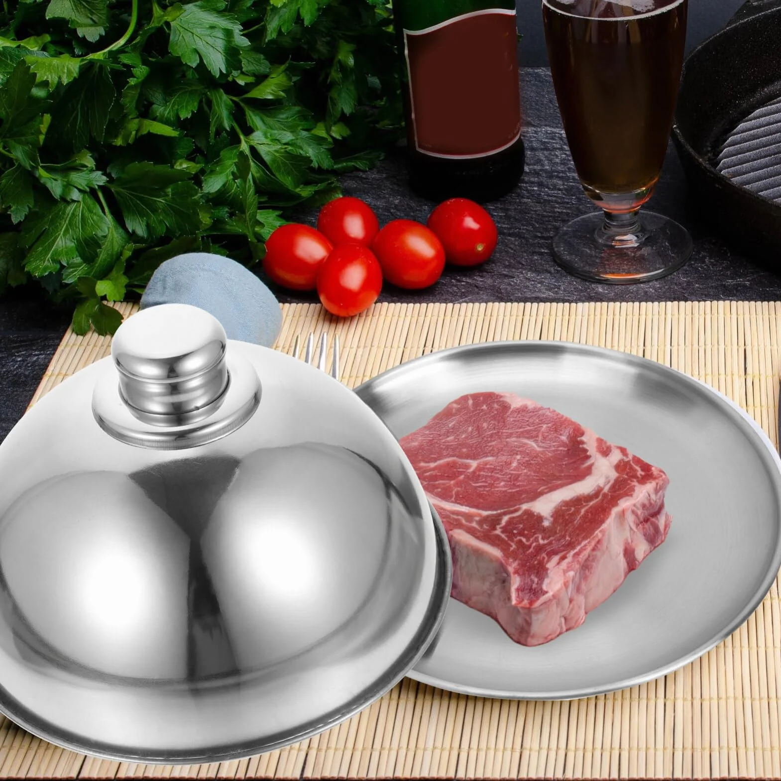 Cabilock Teppanyaki klosz na talerz ze stali nierdzewnej, pokrywka do gotowania burgerów, blok serowy, pokrywa grillowa, pokrywa do żywności, do steków, serów, steków, 18 cm
