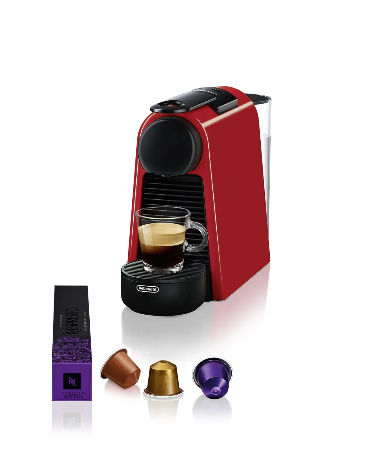 Nespresso De'Longhi Essenza Mini EN 85.R ekspres do kawy na kapsułki, zestaw 7 kapsułek w różnych smakach, ciśnienie pompy 19 bar, oszczędność miejsca, 0,6 l, czerwony