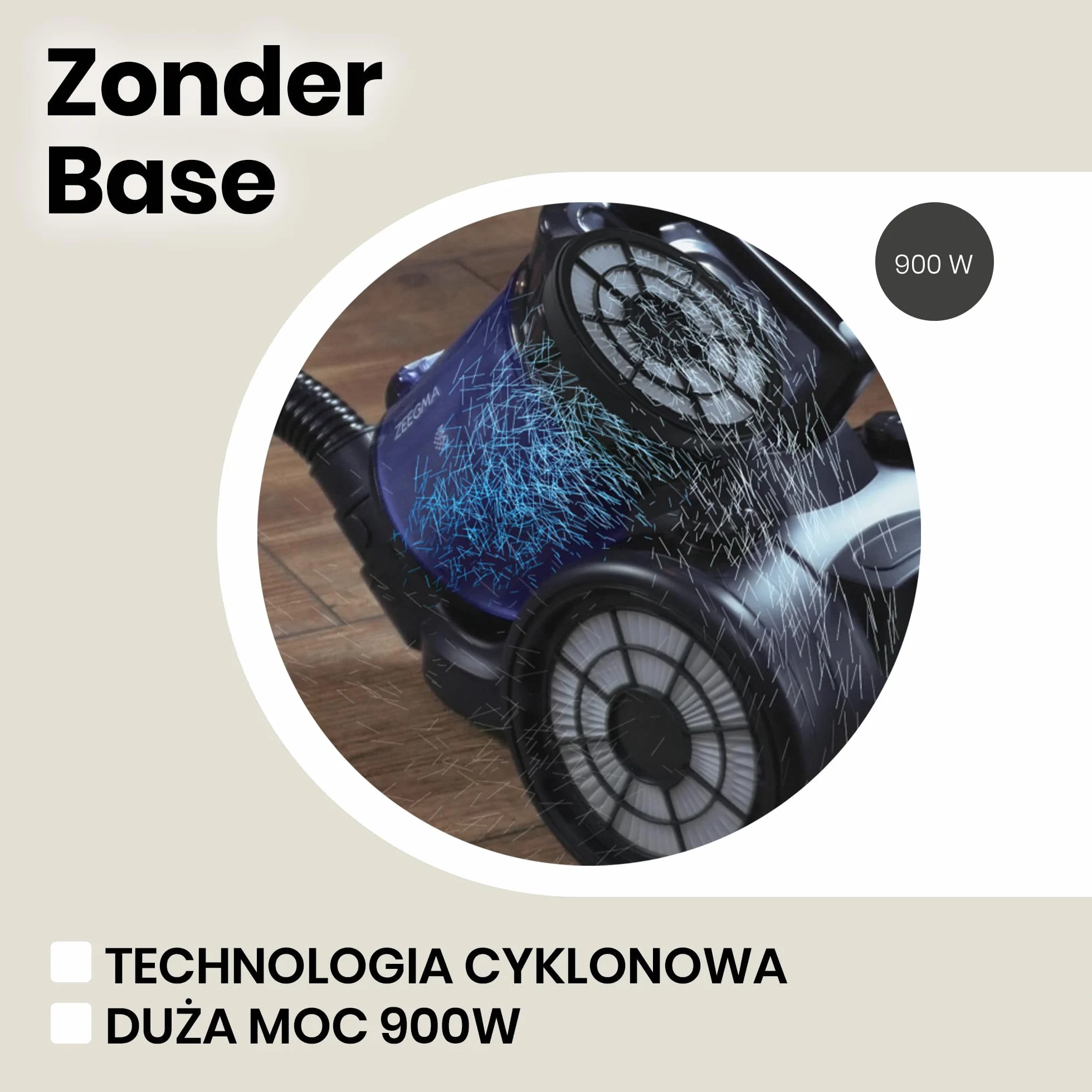 ZEEGMA Odkurzacz cyklonowy bezworkowy 899 W 20000 PA zbiornik 2,5 l klasa A