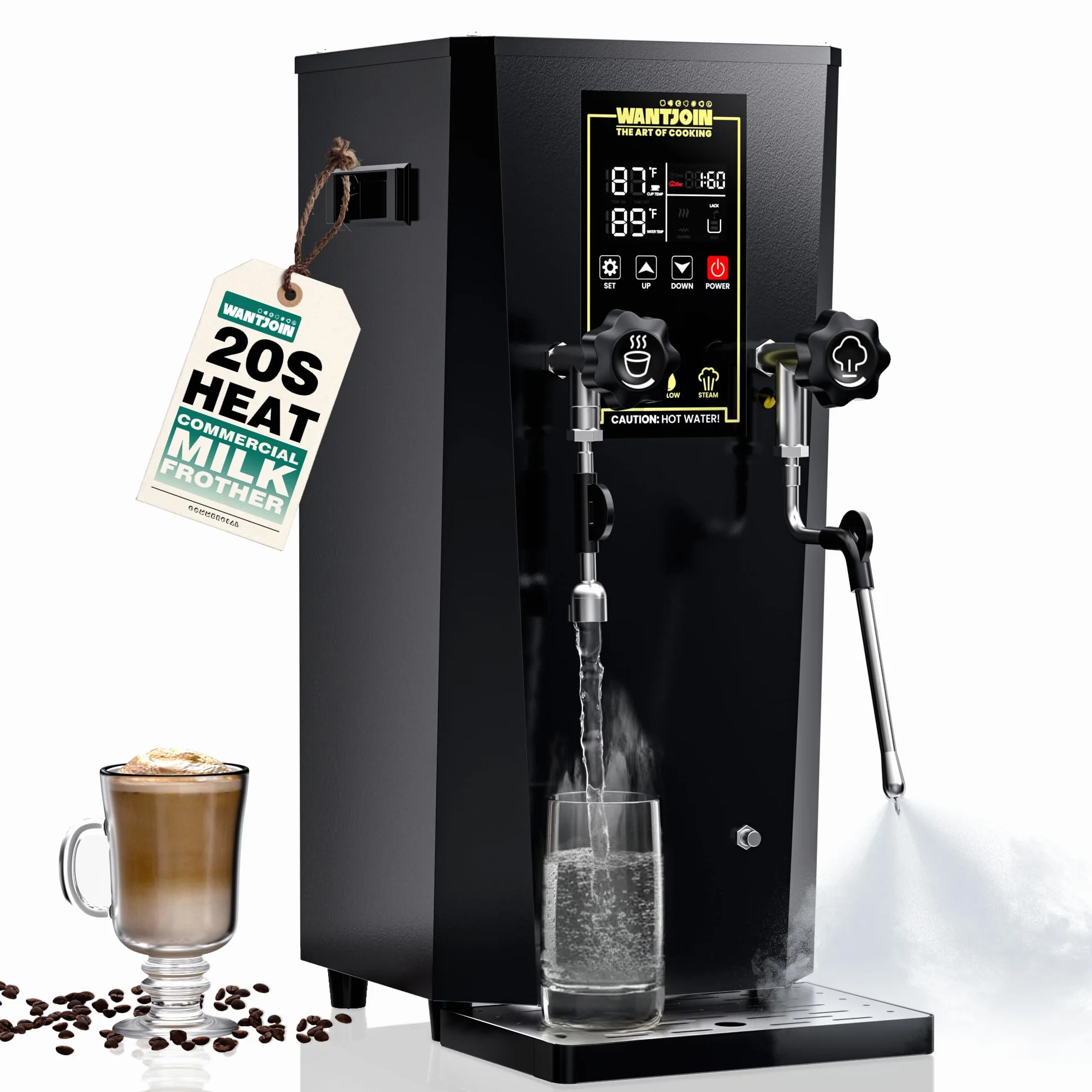 WantJoin - Komercyjny spieniacz do mleka 2000 W i podgrzewacz do napojów, profesjonalny ekspres do mleka z wyświetlaczem LED do mleka, cappuccino, kawy, gorącej czekolady i herbaty
