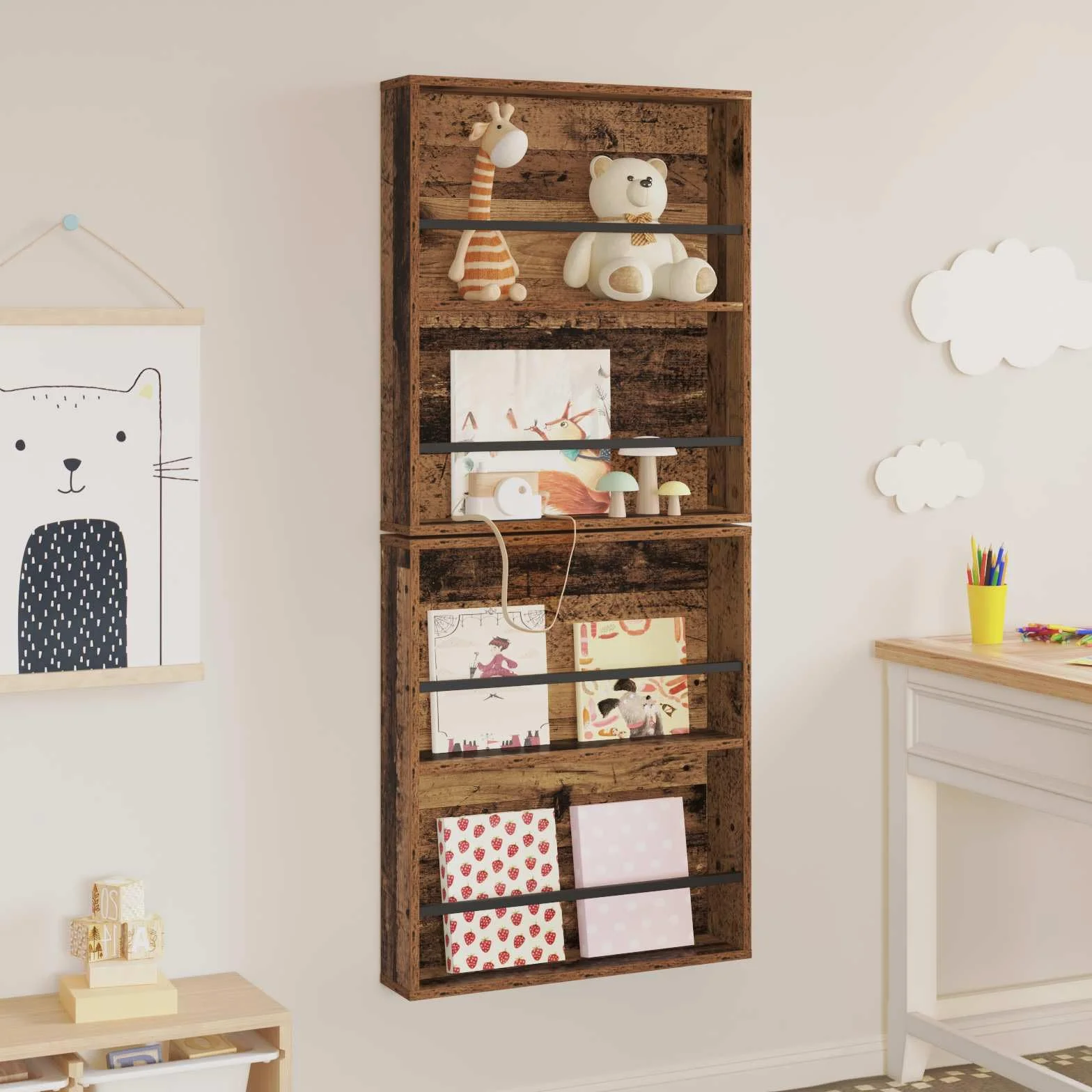 Générique 2-częściowy ścienny stojak na czasopisma inżynieryjne 60x12x70 cm, nowoczesny design regał na czasopisma do salonu lub biura, regulowany schowek ścienny z gładkim wykończeniem