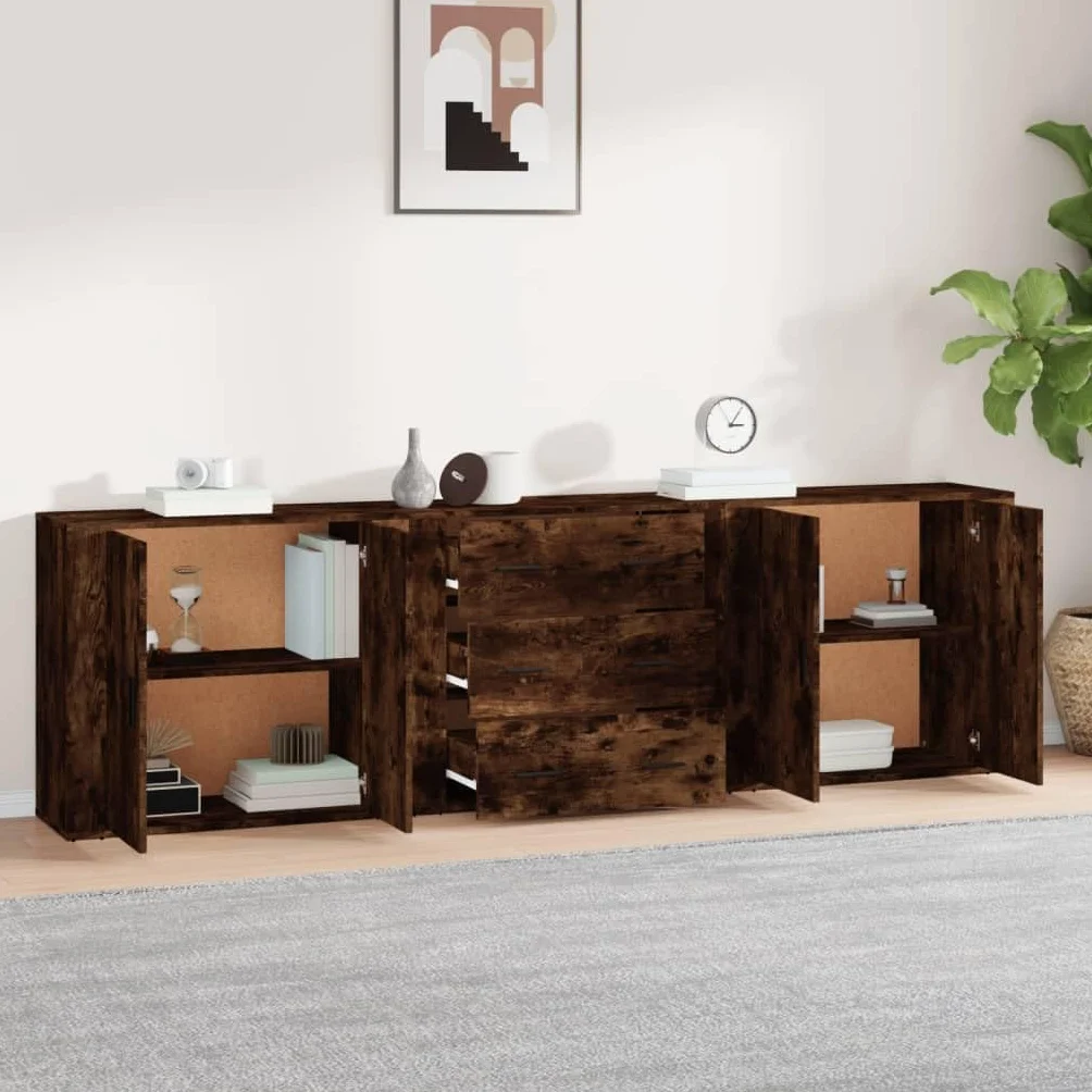 Zestaw 3 komodów, dąb wędzony, materiał drewnopochodny, 80 x 33 x 70 cm, z miejscem do przechowywania, do salonu, kuchni, jadalni, uniwersalna szafka do domu