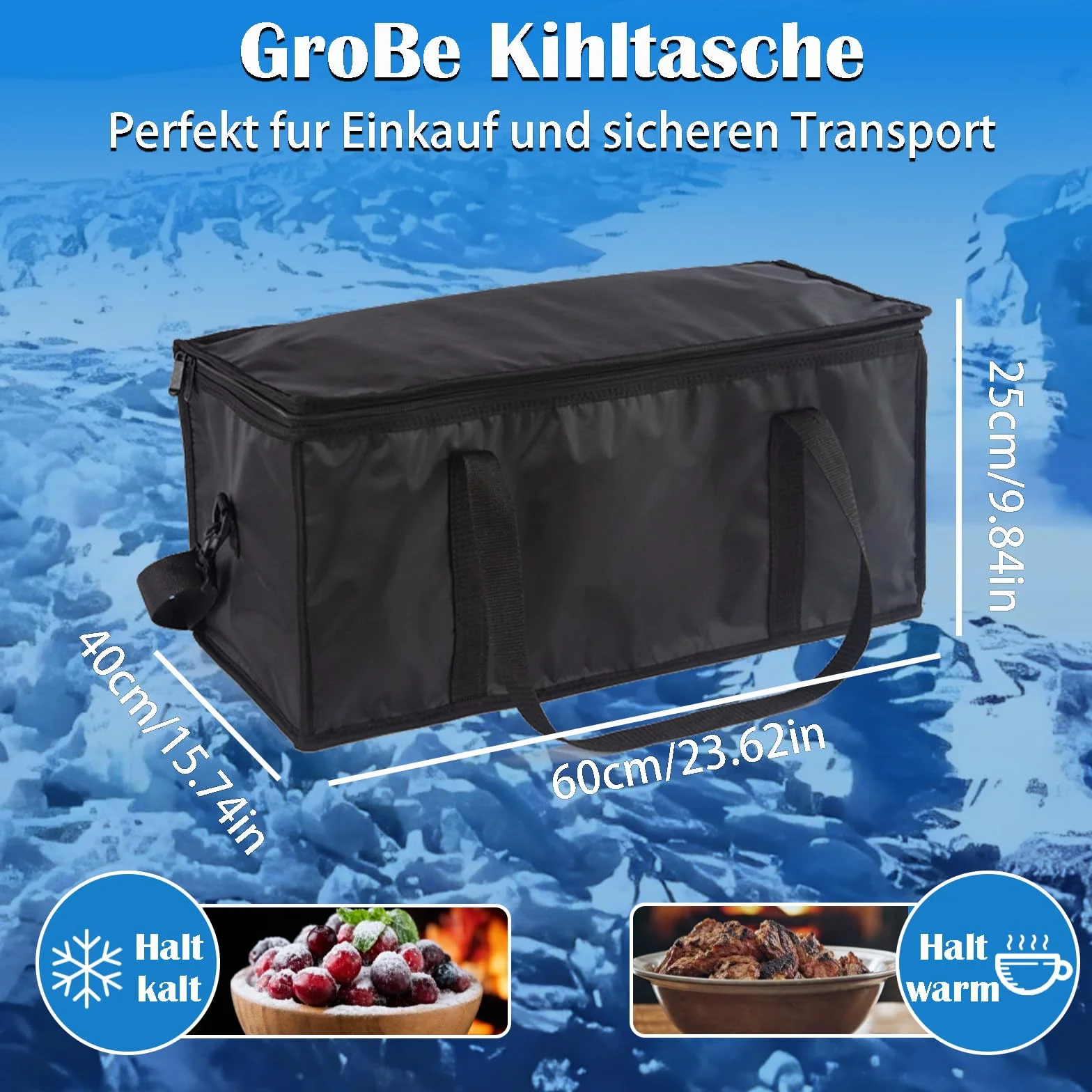 Duża torba termoizolacyjna, składana torba termoizolacyjna, wielokrotnego użytku, czarna, termiczna lodówka na piknik, kemping, grill na świeżym powietrzu, podróż, plaża, zakupy