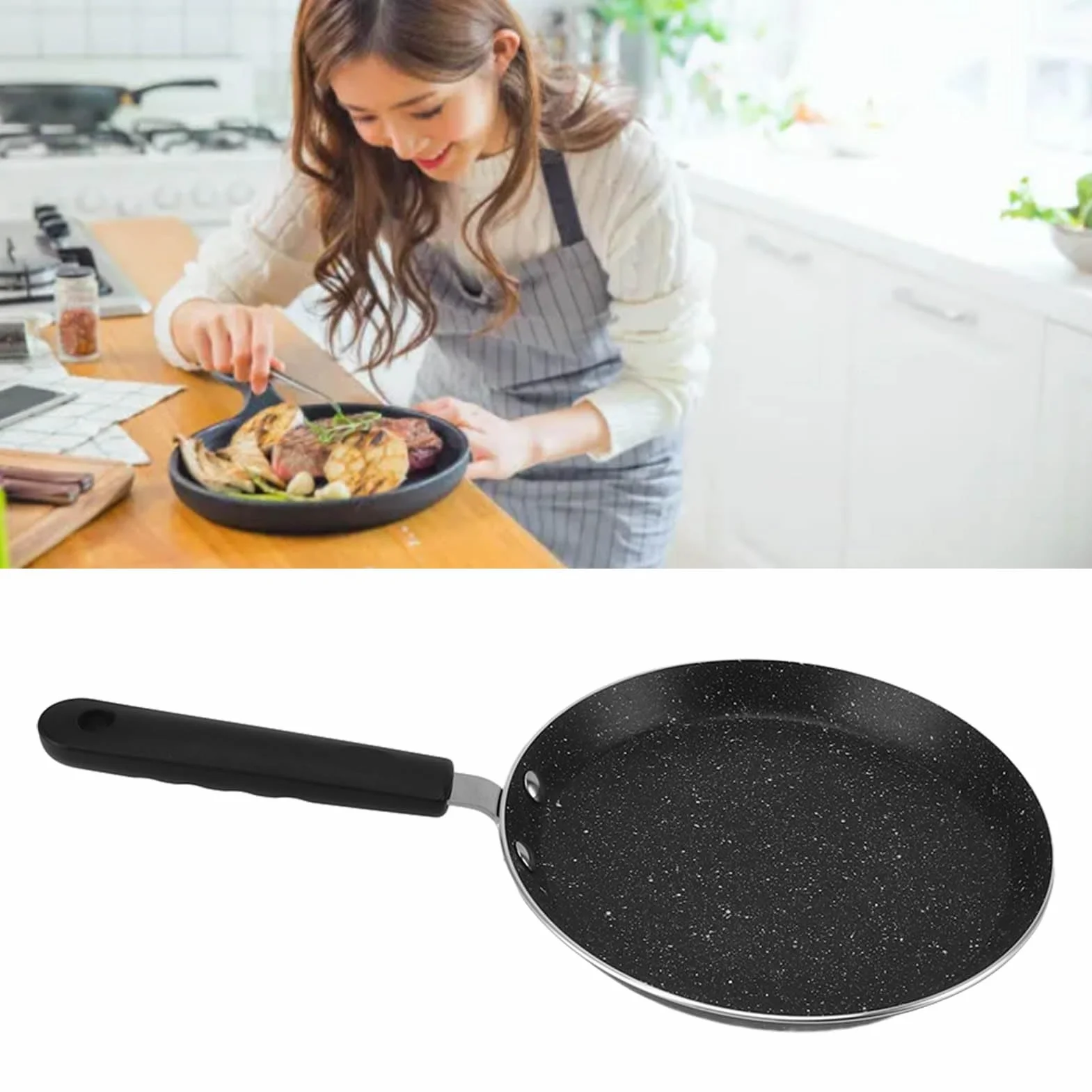 Tissting Patelnia do naleśników, 15 cm, 20 cm, stop aluminium, nieprzywierająca patelnia Dosa z plastikowym uchwytem, okrągła płaska patelnia do kuchenki indukcyjnej, kuchenki gazowej (20 cm)