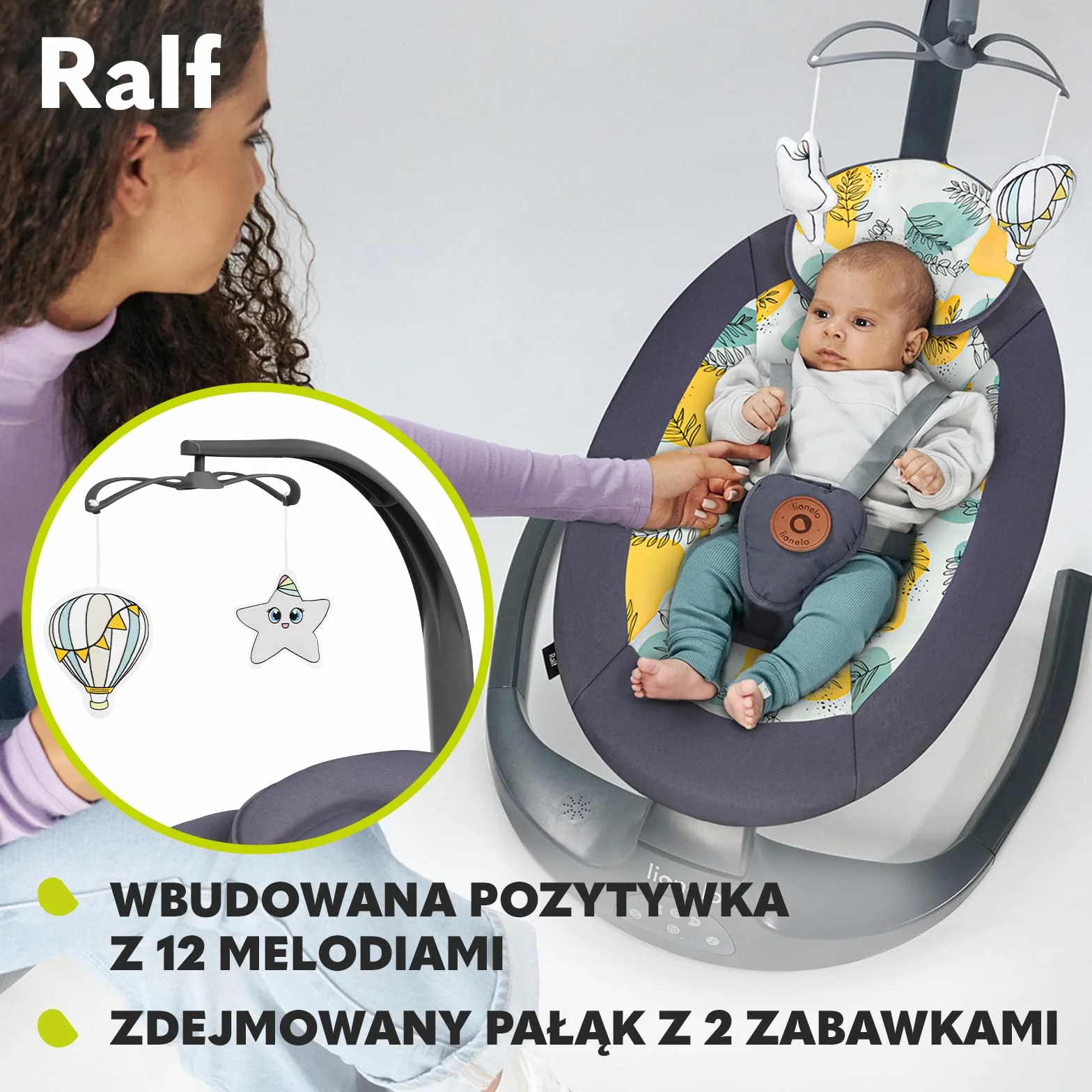 LIONELO Ralf 2w1 bujaczek i leżak dla dzieci, pilot, 12 melodii, dwa kierunki bujania, 5 prędkości bujania, blokada, regulacja oparcia, timer, cicha praca (Szary)