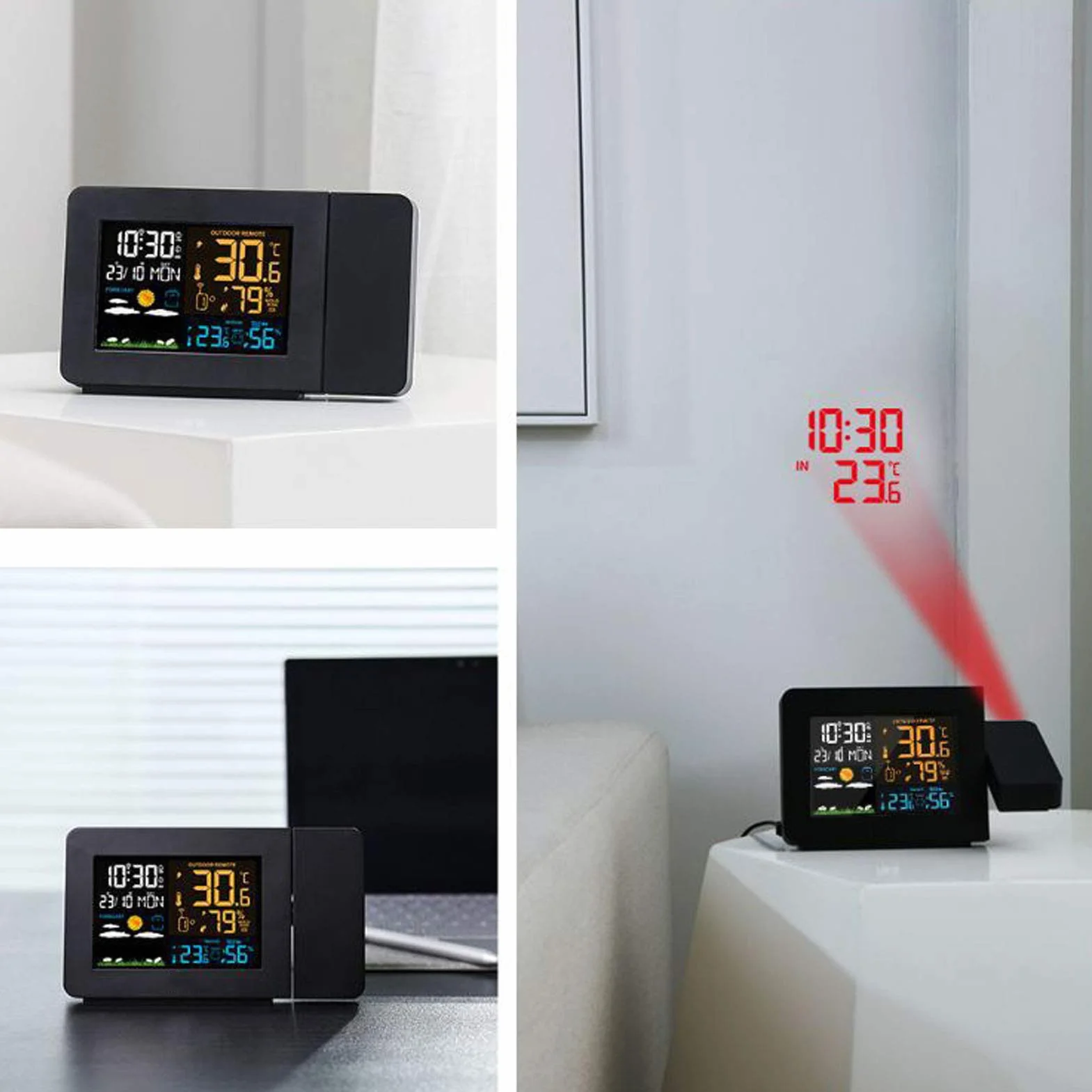 Stacja pogodowa, budzik, kolorowy wyświetlacz LCD, czujnik temperatury, prognoza pogody, zegar z monitorem pogody, termometr wewnętrzny i zewnętrzny