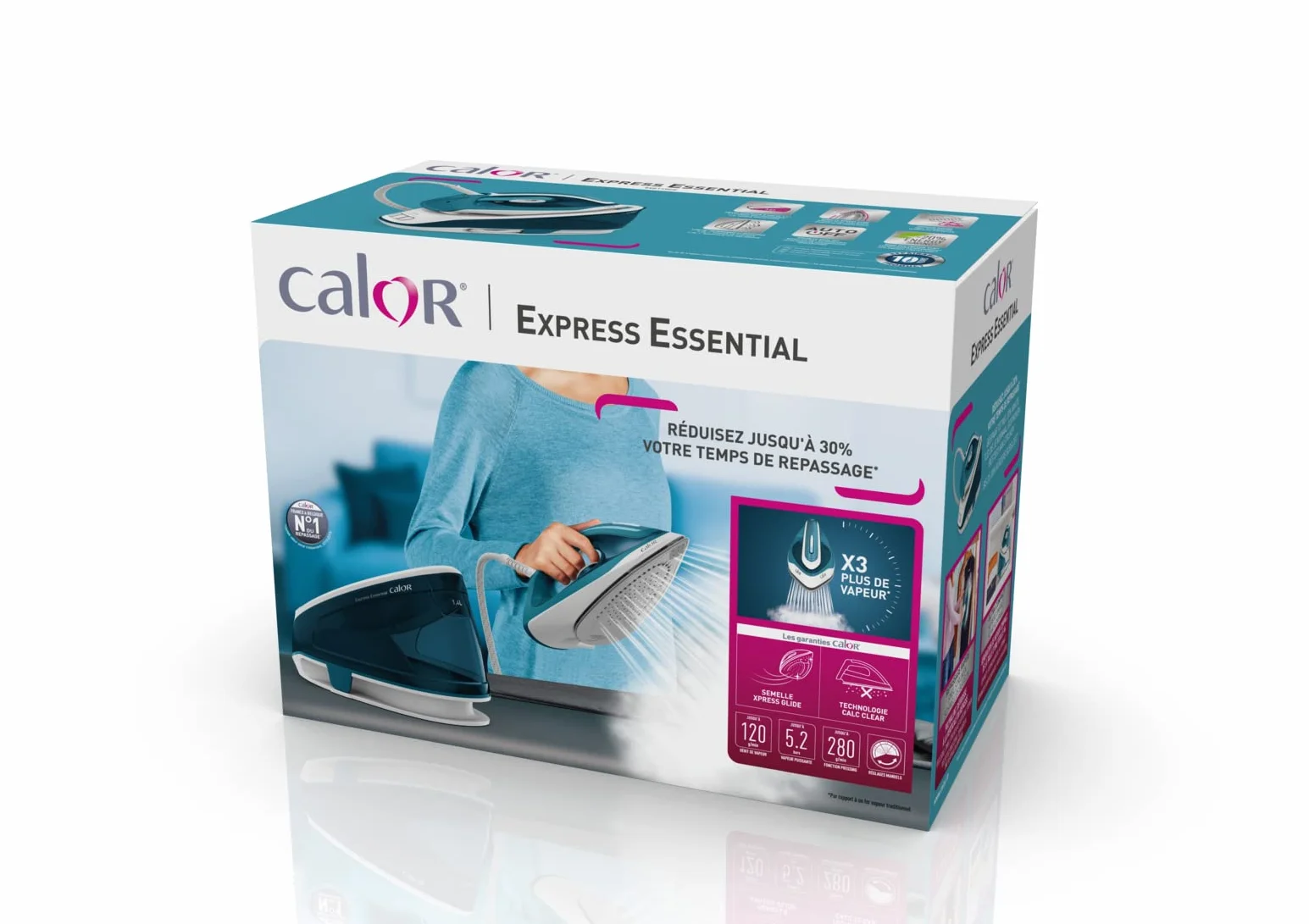 Calor Express Essential Central Parowy, 5,2 bara, przepływ pary 120 g/min, funkcja prasowania 280 g/min, Zbiornik na wodę 1,4 l, system zapobiegający osadzaniu się, tryb ekologiczny, prostowanie pionowe SV6115C0
