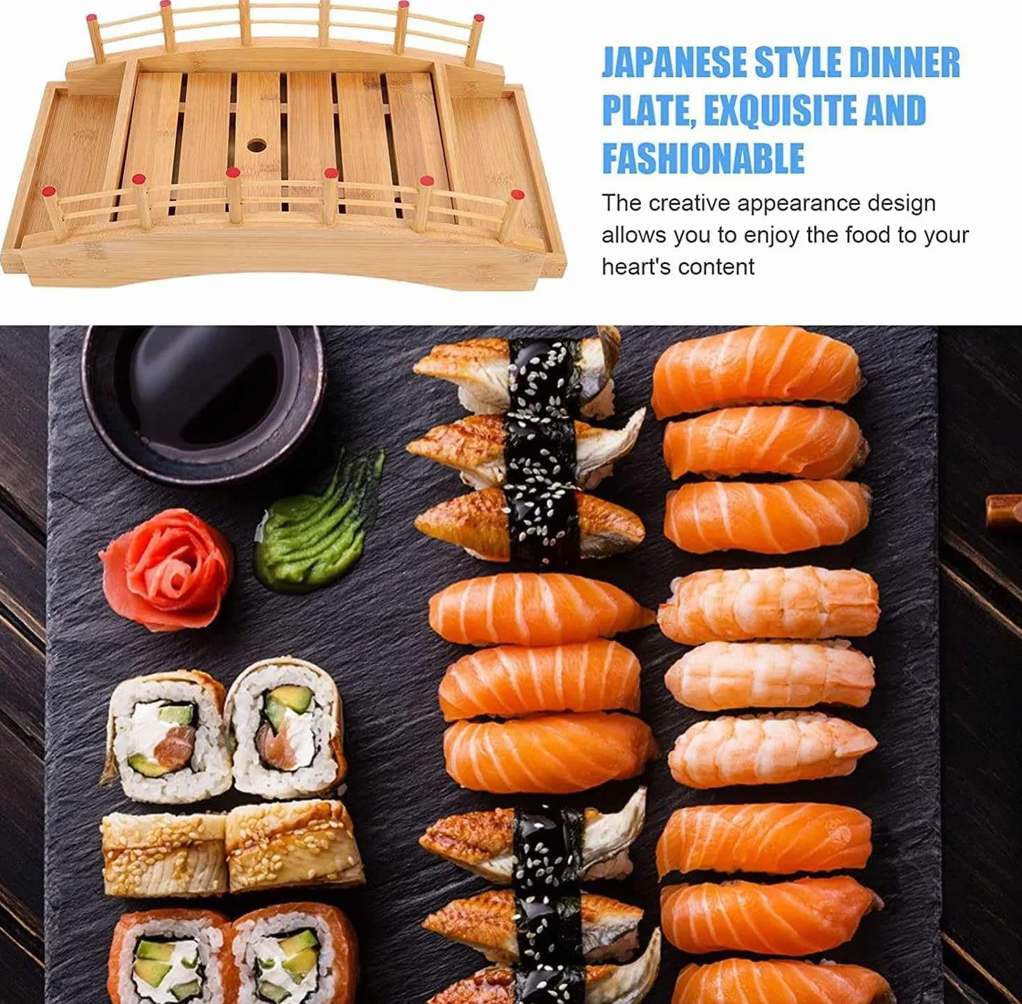Drewniana taca do serwowania łodzi z mostem sushi, 43 cm – zdemontuj pojemnik na sashimi, dolna deska dla eleganckiego doznania kulinarnego