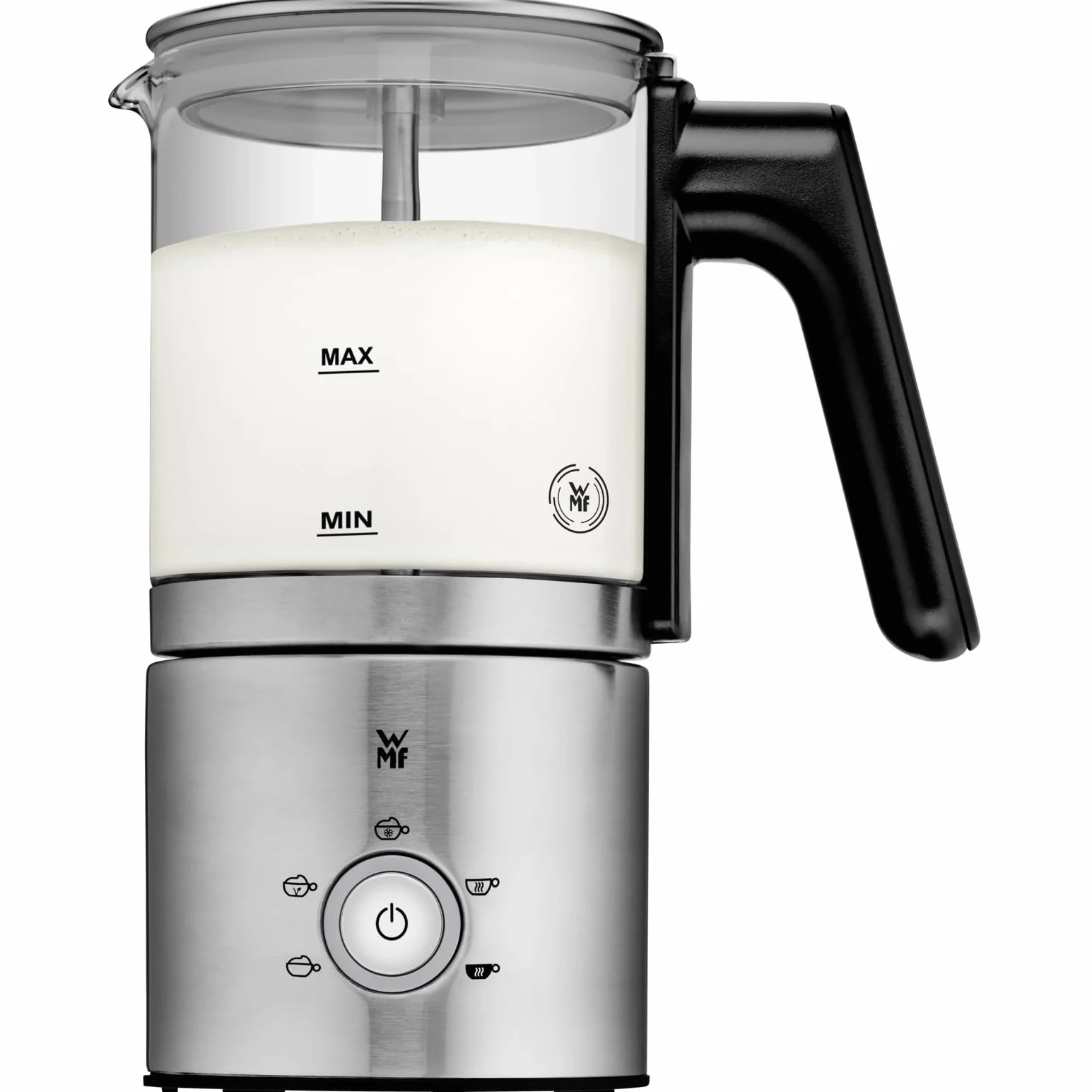 WMF Lono szklany spieniacz do mleka, elektryczny, 150-250 ml, 650 W, mikser Frappe Mixer, ekran dotykowy, do spieniania mleka na gorąco i zimno, gorące mleko, podgrzewacz do mleka, ekspres do kakao,