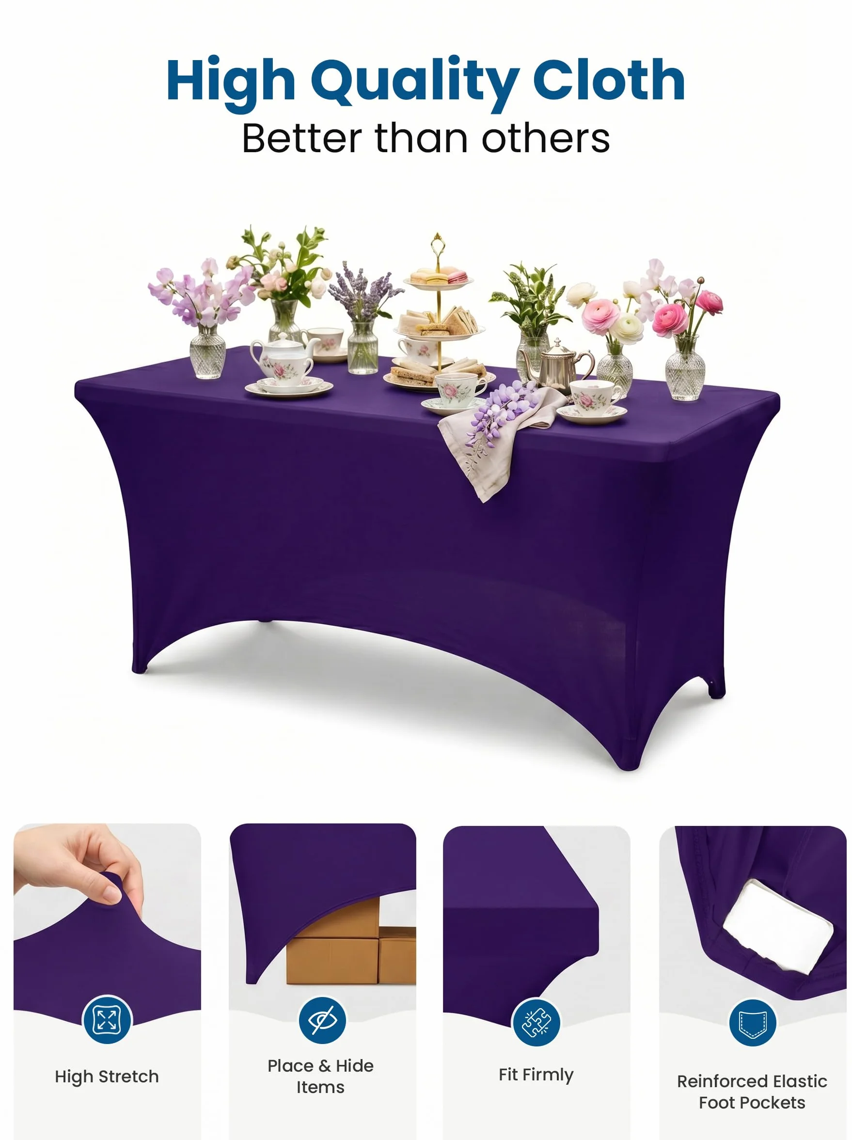 Utopia Kitchen Spandex Obrus 2 Sztuki [6FT, Fioletowy] Mocno Dopasowany, Nadający się do Prania i Odporny na Zagniecenia Rozciągliwy Prostokątny Obrus na Patio na Imprezy, Wesele, Bankiety i Przyjęcia
