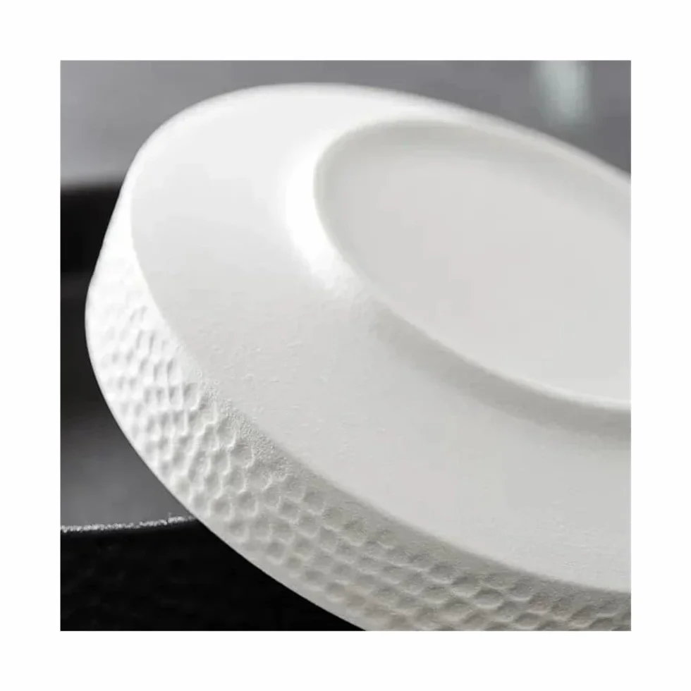 Talerze obiadowe, Kreatywna kuta ceramiczna miska z głębokim naczyniem - biały czarny okrągły talerz na sałatkę owocową sushi Zestaw obiadowy(White,20cm)