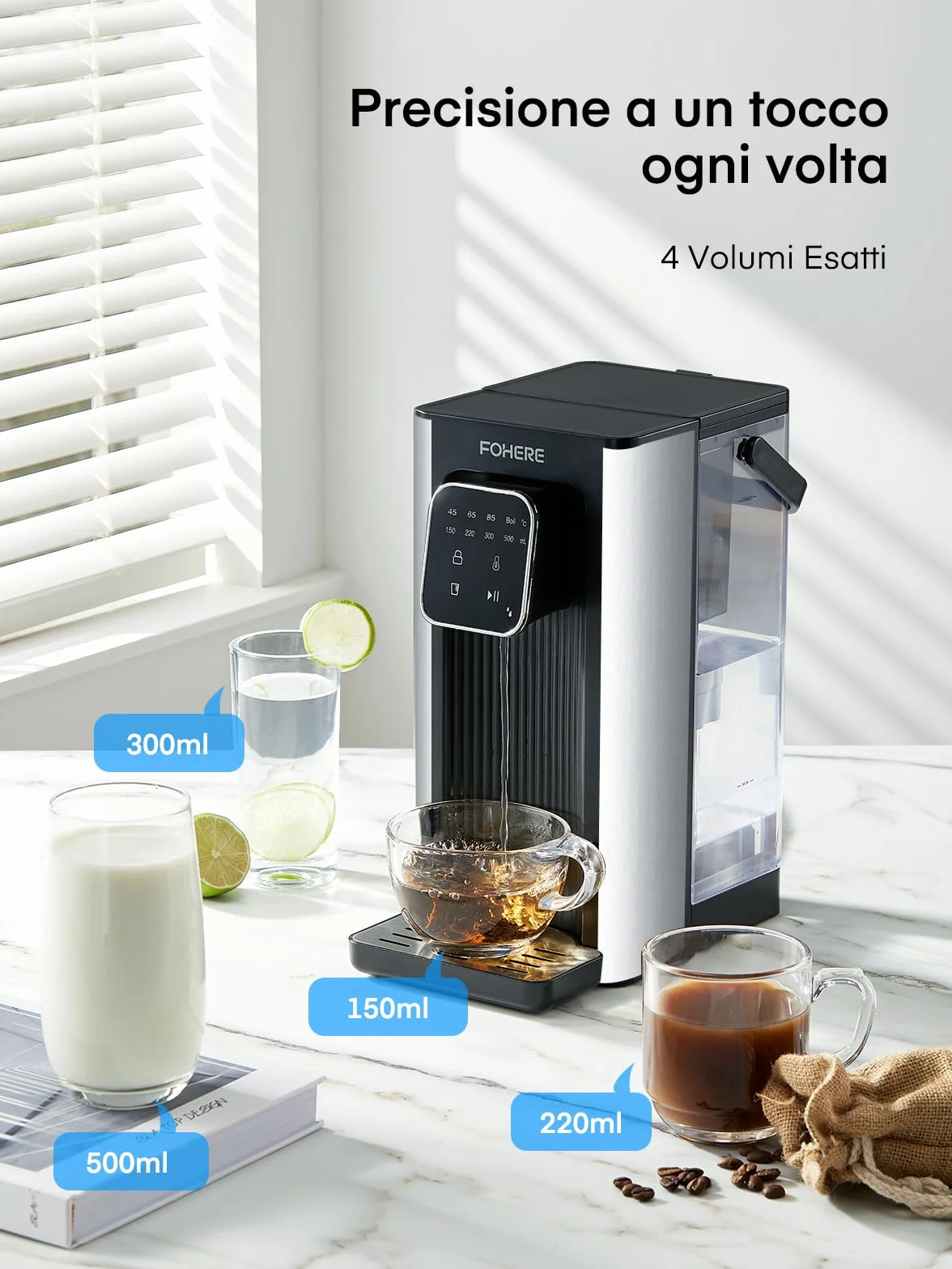 Dozownik ciepłej wody, 2600 W, ciepła woda w ciągu kilku sekund, 4 poziomy temperatury, 4 ilości wody, zbiornik 2,5 l, kompaktowy i energooszczędny, cyfrowy ekran dotykowy