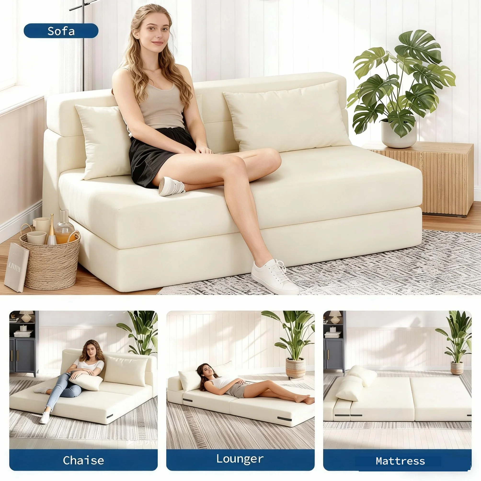Dwuosobowa sofa rozkładana z prążkowanego aksamitu, 2 w 1 rozkładany fotel z 2 poduszkami, zdejmowany pokrowiec, 2-osobowa leniwa / podgrzewana sofa do sypialni, salonu (200 x 150 x 15 cm, beżowy)