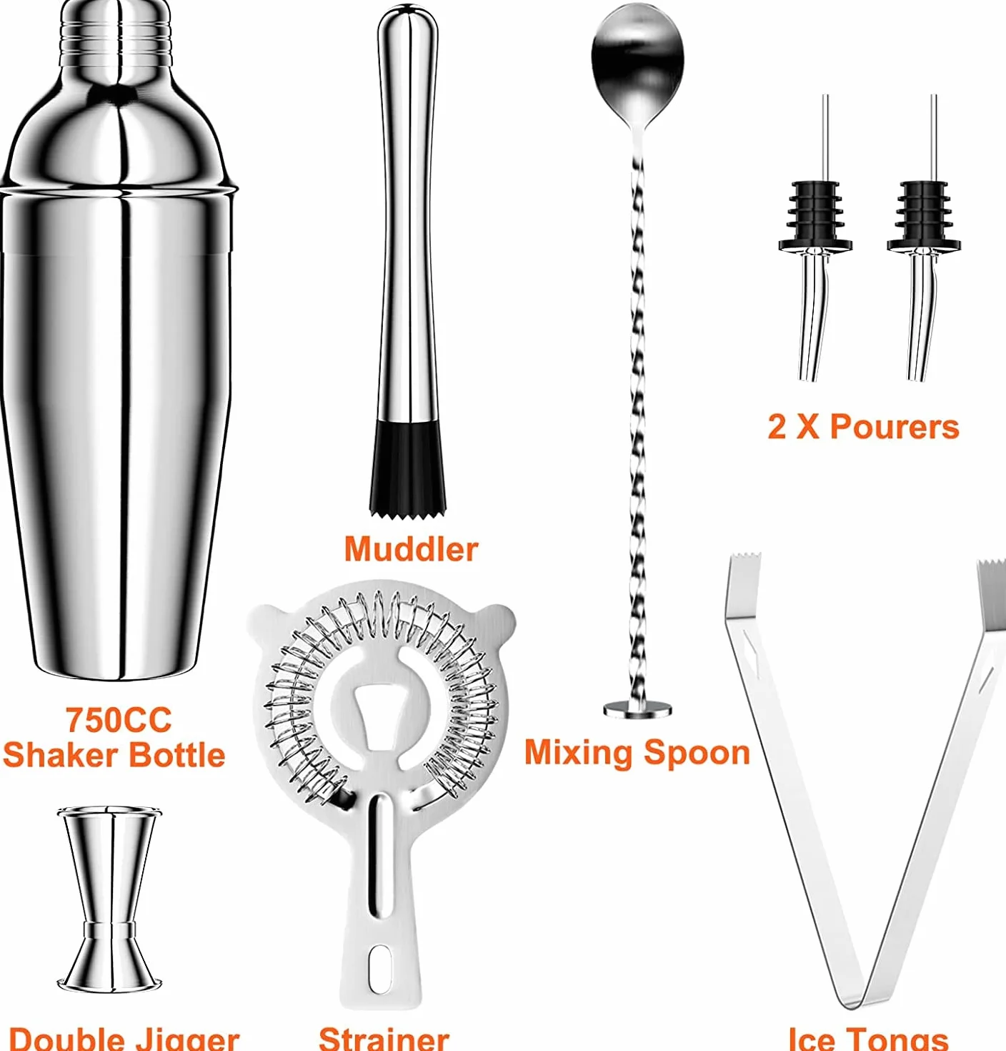 Gvolatee Zestaw koktajlowy 750 ml, 8 elementów ze stali nierdzewnej Shaker Mixer, profesjonalne akcesoria barmańskie, z Shakerem, podwójną miarką, łyżką, nalewakiem, do domu, mieszania drinków, baru, na imprezy (srebrny)