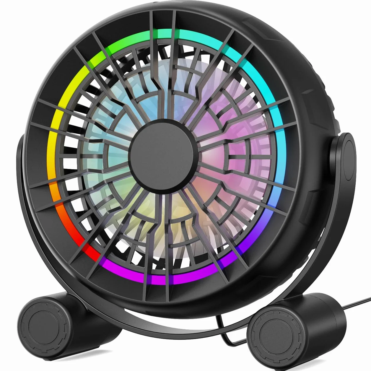 Wentylator biurkowy USB RGB – 3 prędkości, cichy, przenośny wentylator stołowy, 8 kolorów diod LED, obrót o 360°, mały wentylator do domu, biura, na biurko, do sypialni