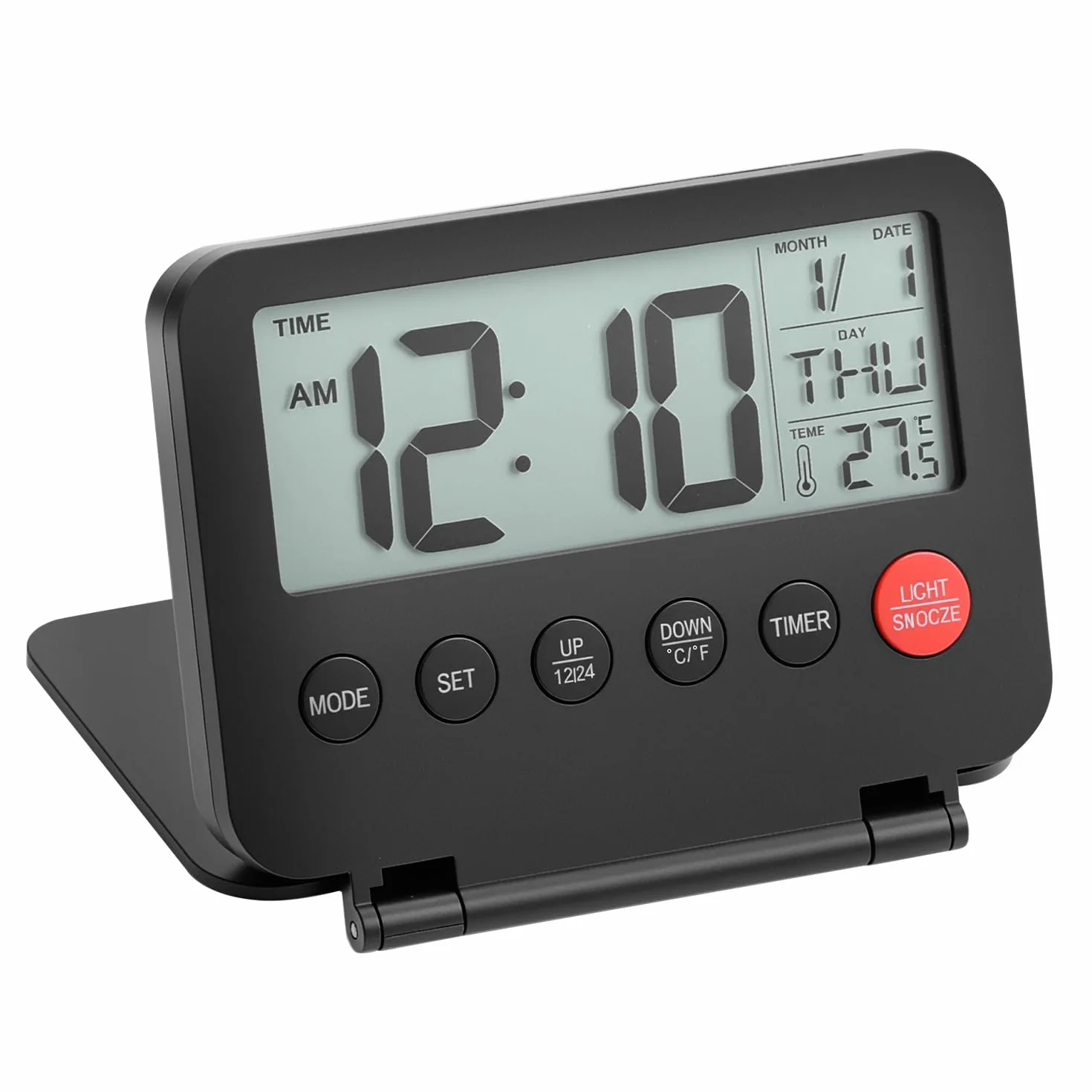 QWORK® Cyfrowy budzik podróżny, mały budzik podróżny z kalendarzem, wskaźnik temperatury, funkcja drzemki, brak baterii w zestawie