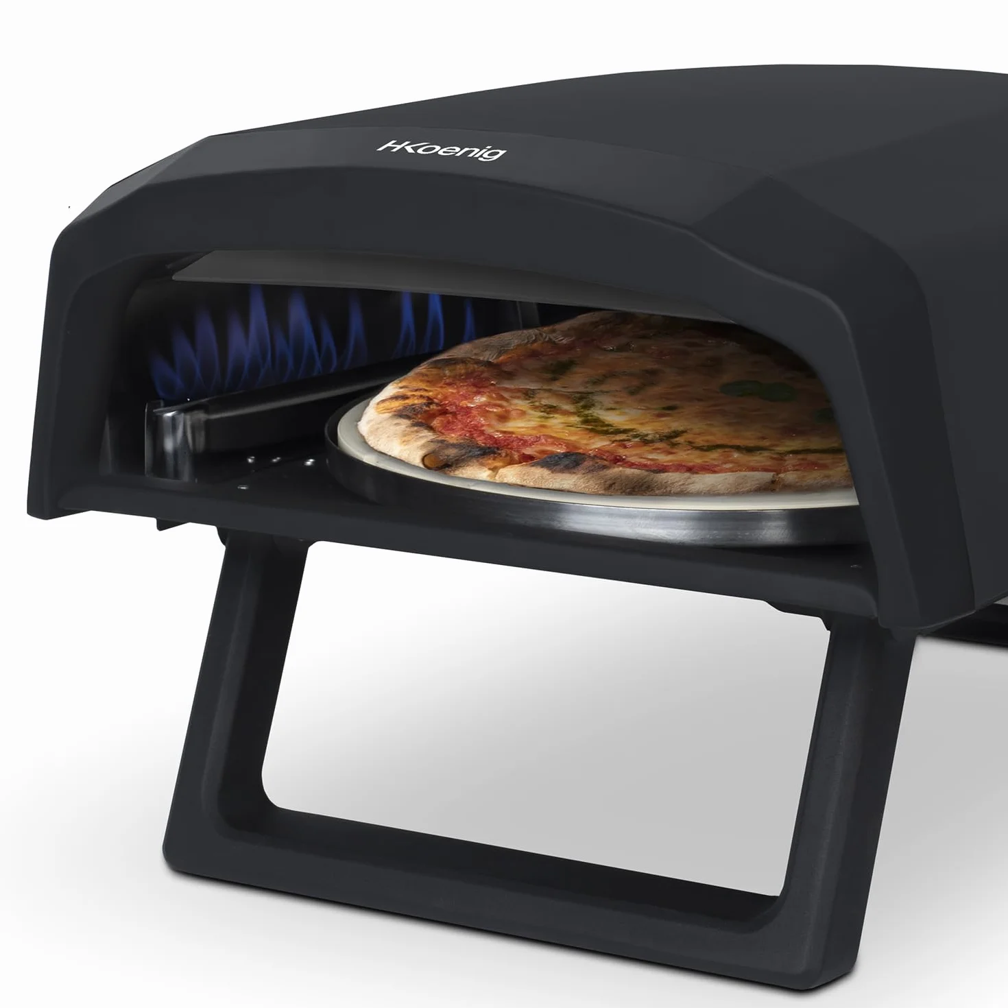 H.Koenig GINO640 piec do pizzy gazowy, stal nierdzewna, 32 cm, powierzchnia obrotowa o 360 stopni, kamień Cordierite, do 500°C, składane nóżki, łopatka do pizzy i regulator