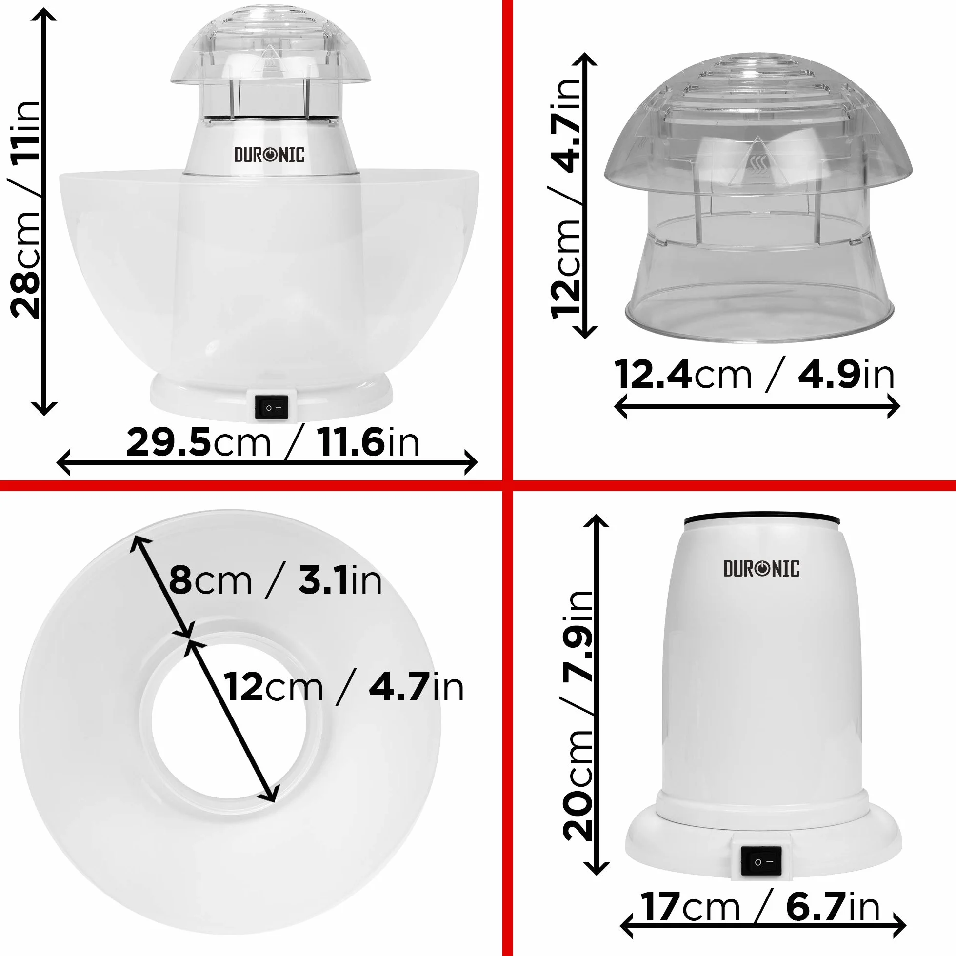 Duronic POP50 WE Maszyna do popcornu automat 1200W z wyjmowaną misą bezolejowa | do prażenia ziaren kukurydzy bez tłuszczu | pojemność: 50g ziaren | niskokaloryczna przekąska | na gorące powietrze