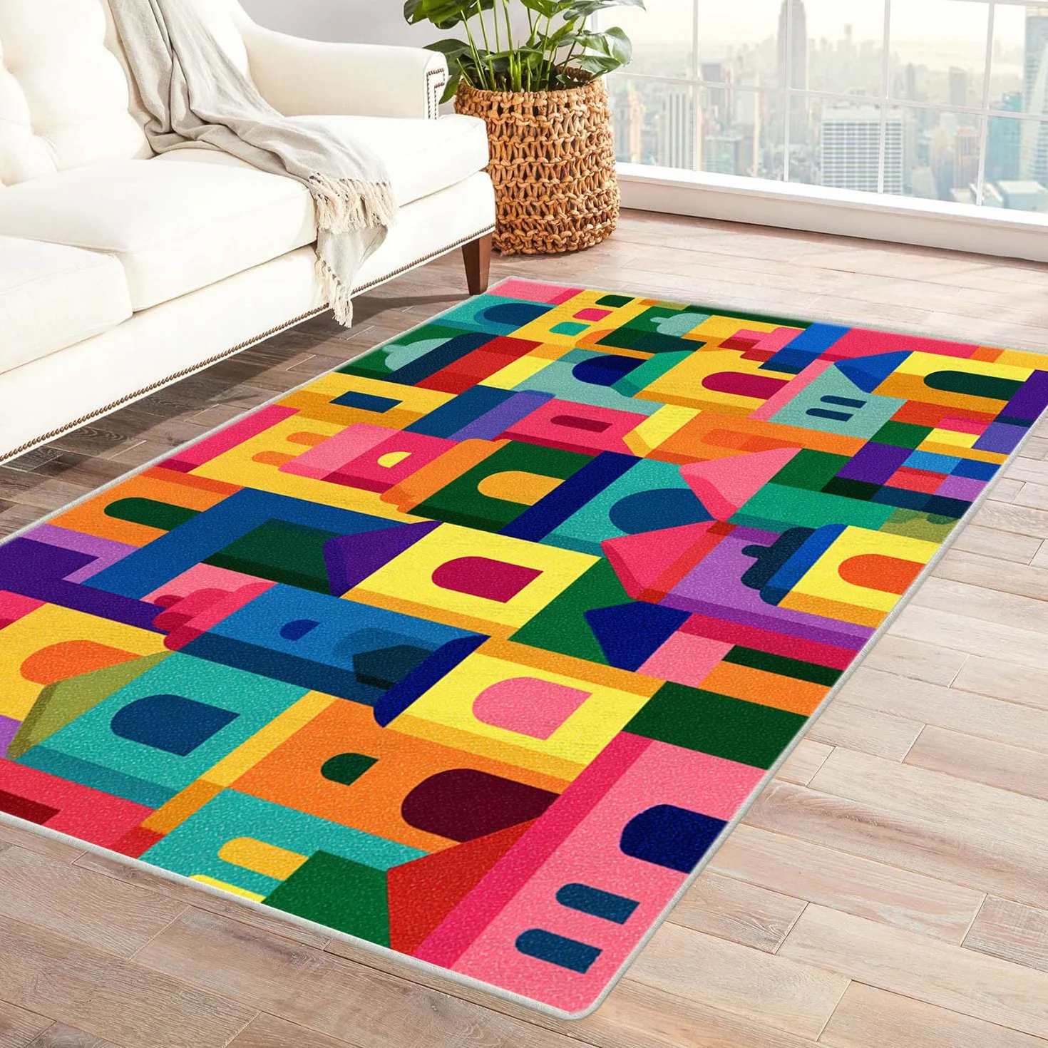 Kolorowy drukowany dywan do salonu miejski z kolorowymi klockami do łazienki, kuchni (wielokolorowy)-180x270cm