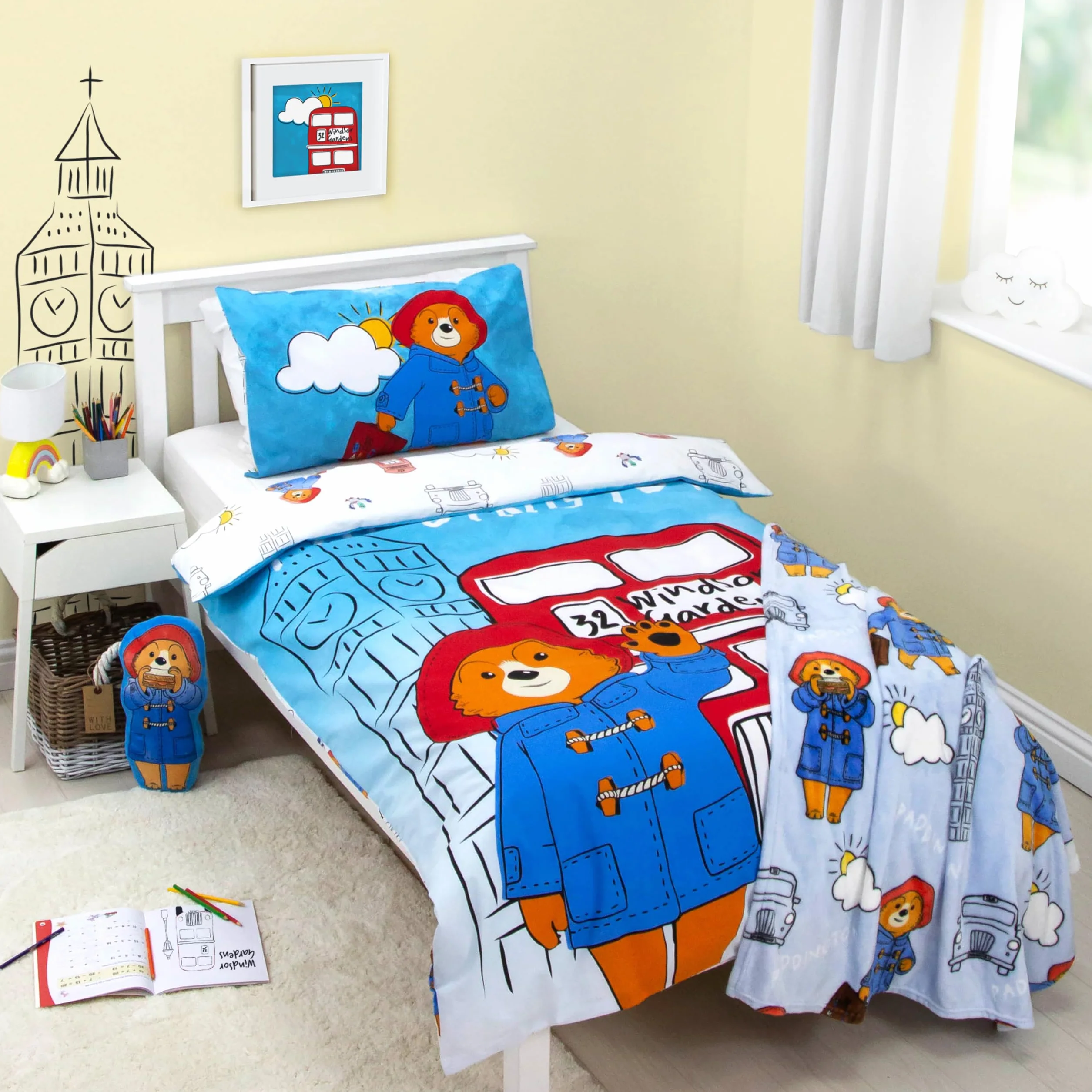 Character World Oficjalny zestaw poszewek na kołdrę Paddington Bear™ | 2-stronna dwustronna konstrukcja stacji, dopasowana poszewka na poduszkę, zestaw na pojedyncze łóżko, biały i niebieski, bawełna