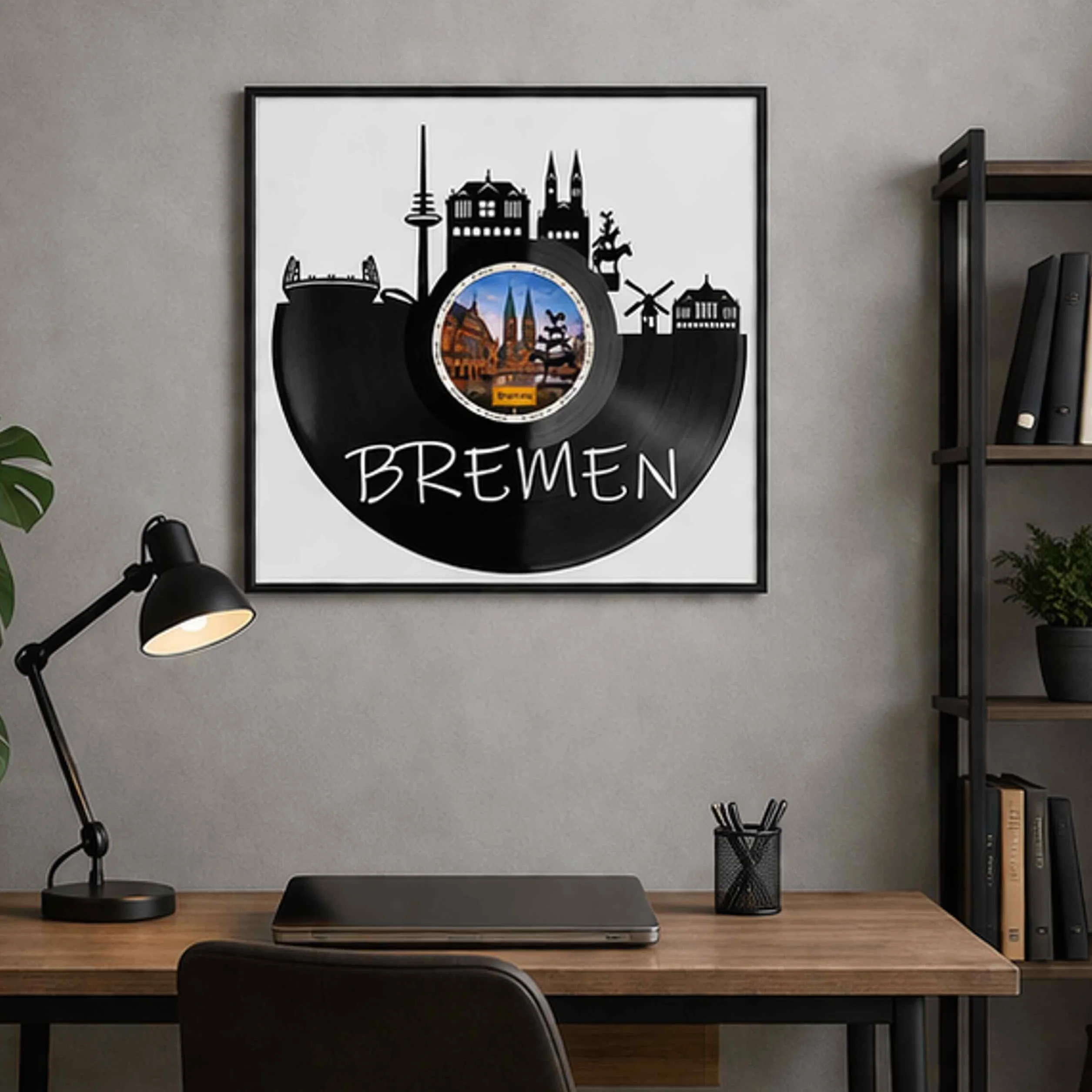 EVEVO Dekoracja ścienna z płyty gramofonowej w ramie 32 x 32 cm Brema – winylowa sztuka ścienna, Hanzestadt Skyline, prezent dla fanów Bremy, zorza polarna