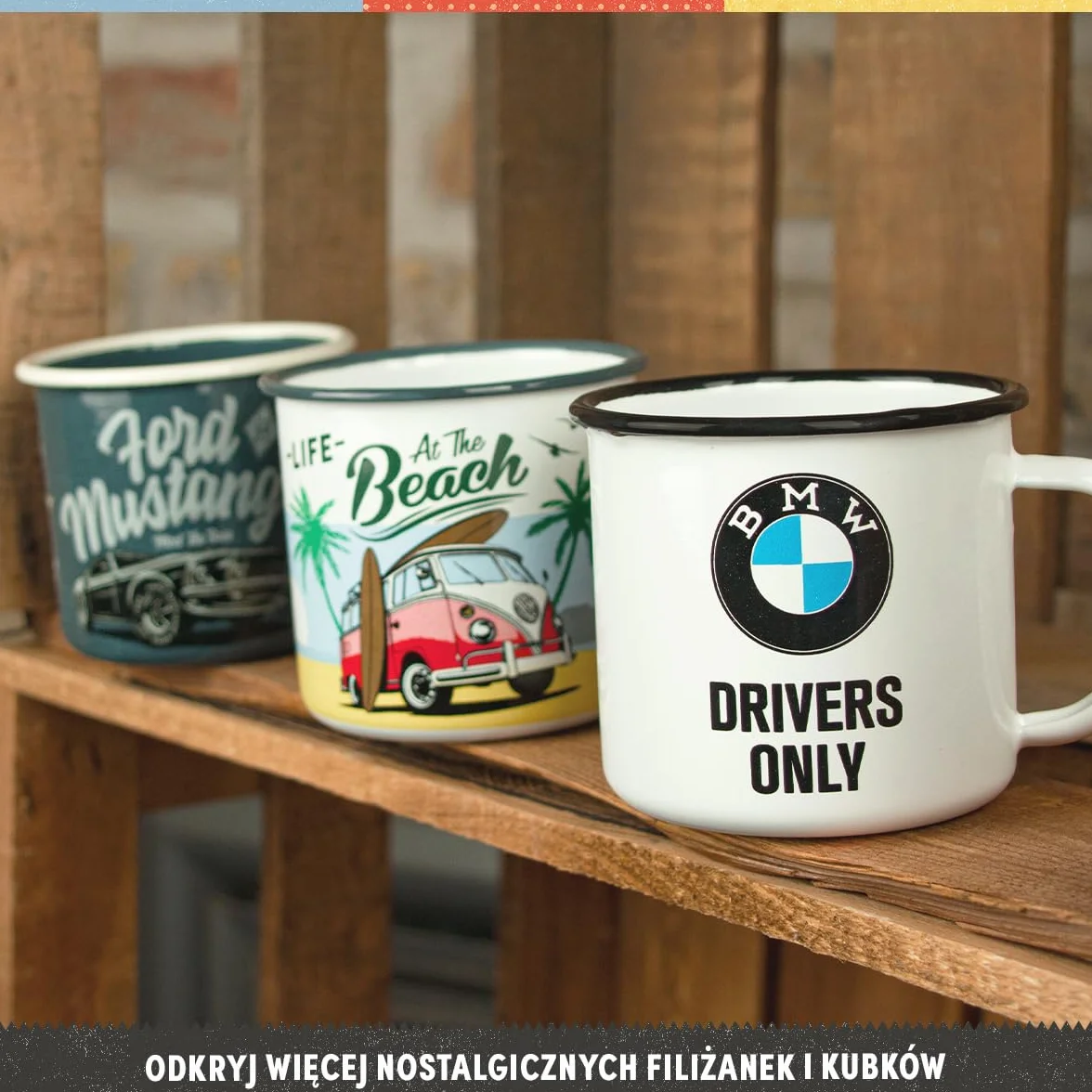 Nostalgic-Art Retro kubek emaliowany, 360 ml, VW Bulli – Let's Get Lost – Pomysł na prezent dla miłośnika Volkswagena Busa, Official License Product (OLP), kubek kempingowy na kawę, Styl vintage