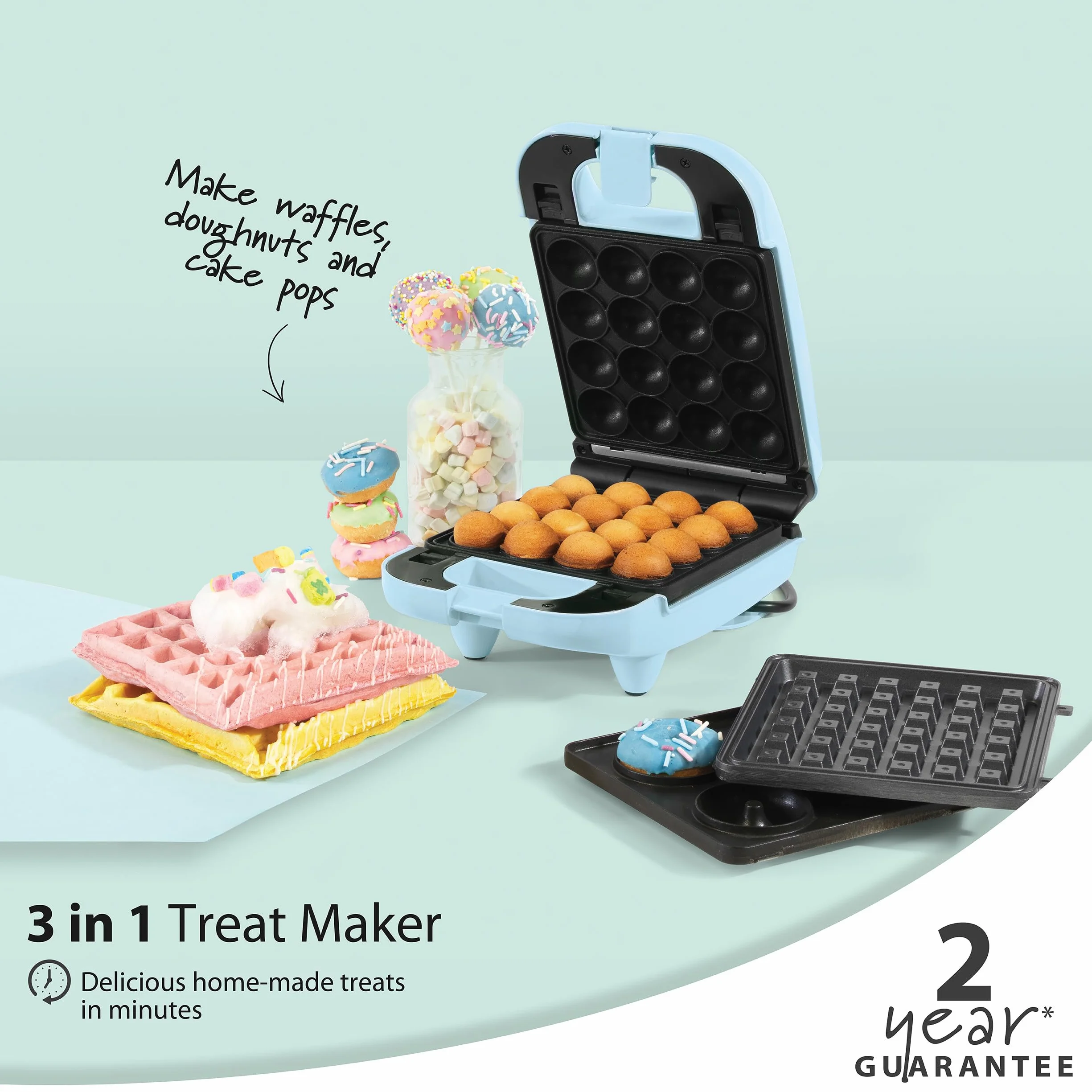 Giles & Posner 3-w-1 Mini Treat Maker – Paczki, Kulki Ciastowe, Gofrownica, Wyjmowane Nieprzywierajace Talerze Kuchenna, Latwe Czyszczenie, Kompaktowy, Wypieki dla Dzieci, Pastelowa Niebieska, 650 W