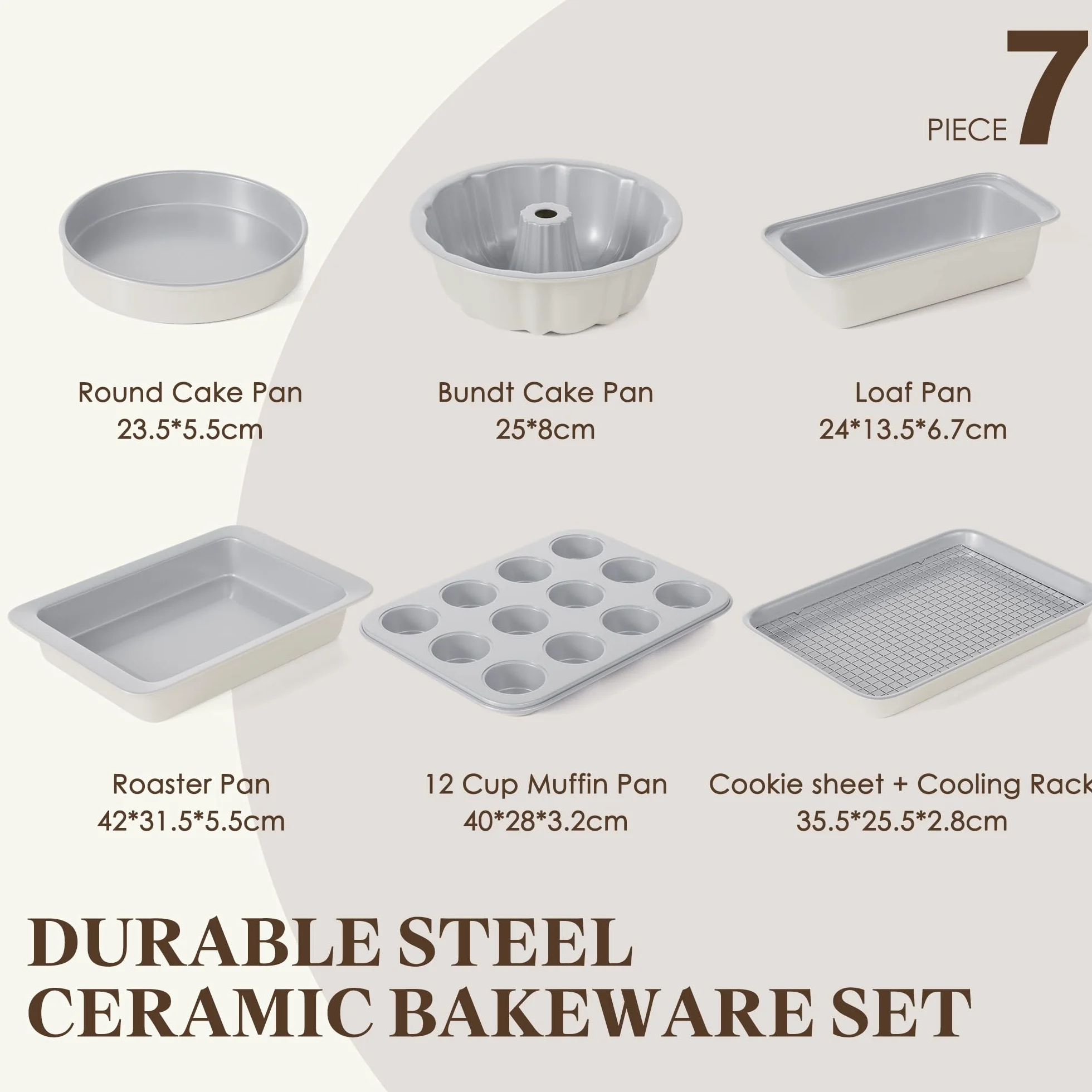 RIOVARZ Zestaw 7 ceramicznych form do pieczenia, nieprzywierających, blach do pieczenia, bochenka, patelni, chleba, muffinek, babeczek