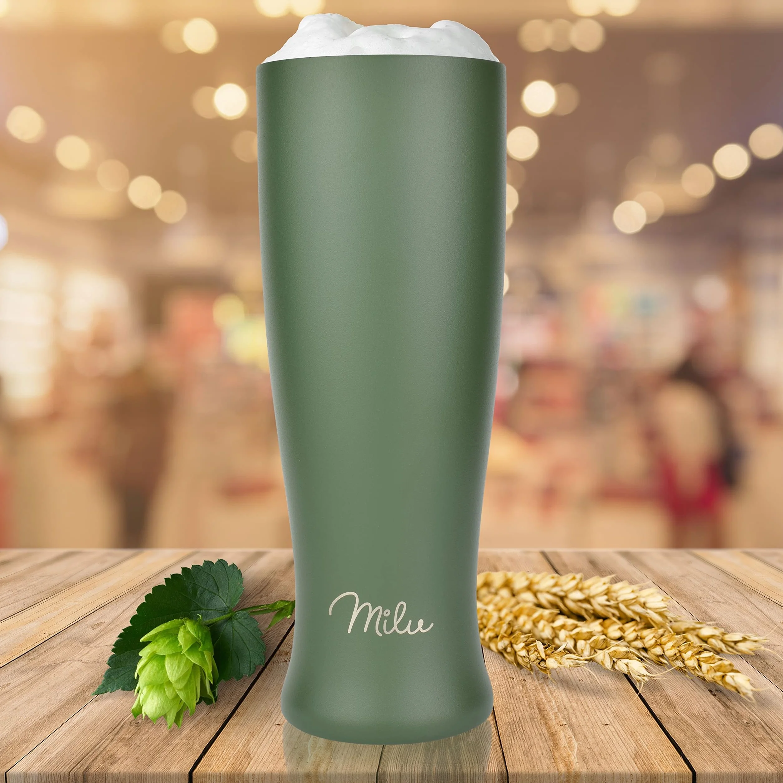 Milu Szklanka do piwa pszenicznego Stali Nierdzewnej | Kufel do piwa z pokrywką piwo zimne przez 7 godzin | Beer Pint izolowane termo kubek (500ml, Oliwkowo-zielony)