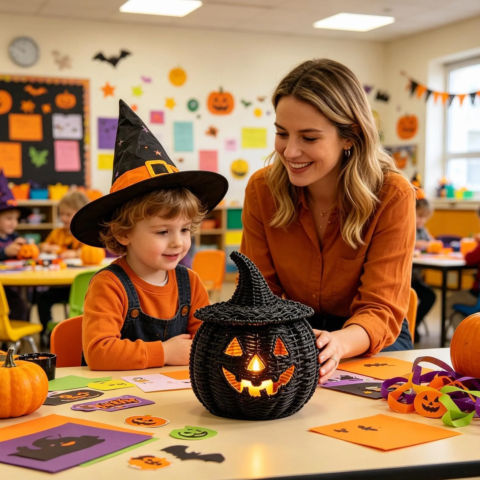 Czarny pleciony kosz dyniowy Pojemnik Do Przechowywania Halloween Ze Świecą | Straszny Kosz Do Przechowywania Słodyczy do domu mieszkania apartamentu salonu biurka kominka stołu jadalnego prze