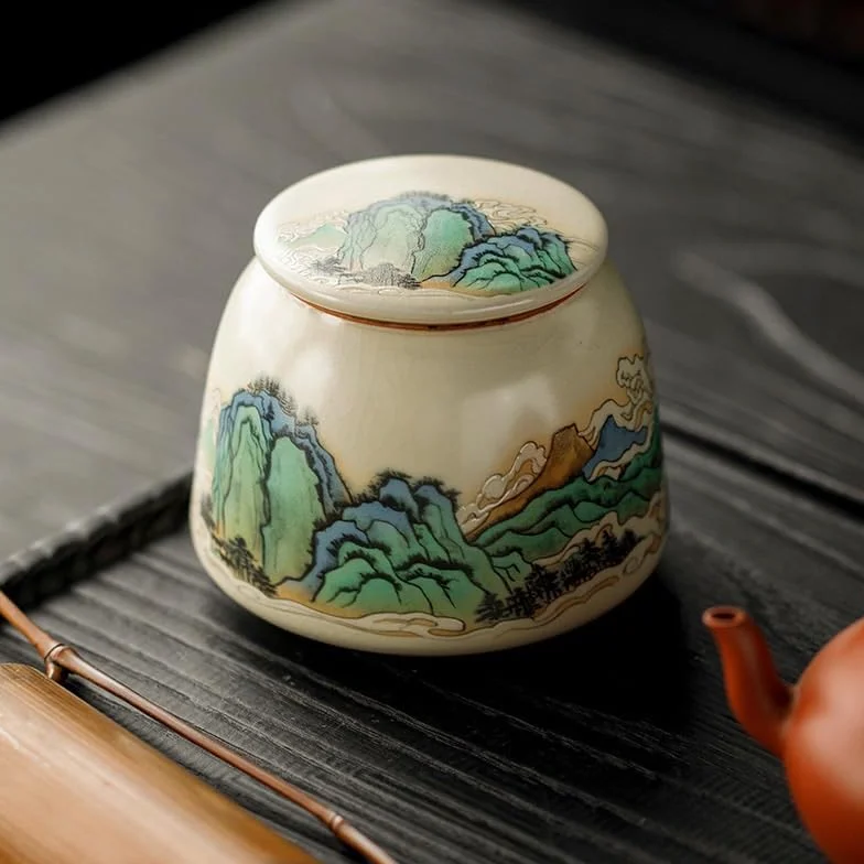 Pojemniki na herbatę na herbatę sypką Beżowy ceramiczny pojemnik na herbatę Ru Kiln, mały rozmiar, zielony Pu'er, czerwony i liście, zamknięte kadzidło w proszku