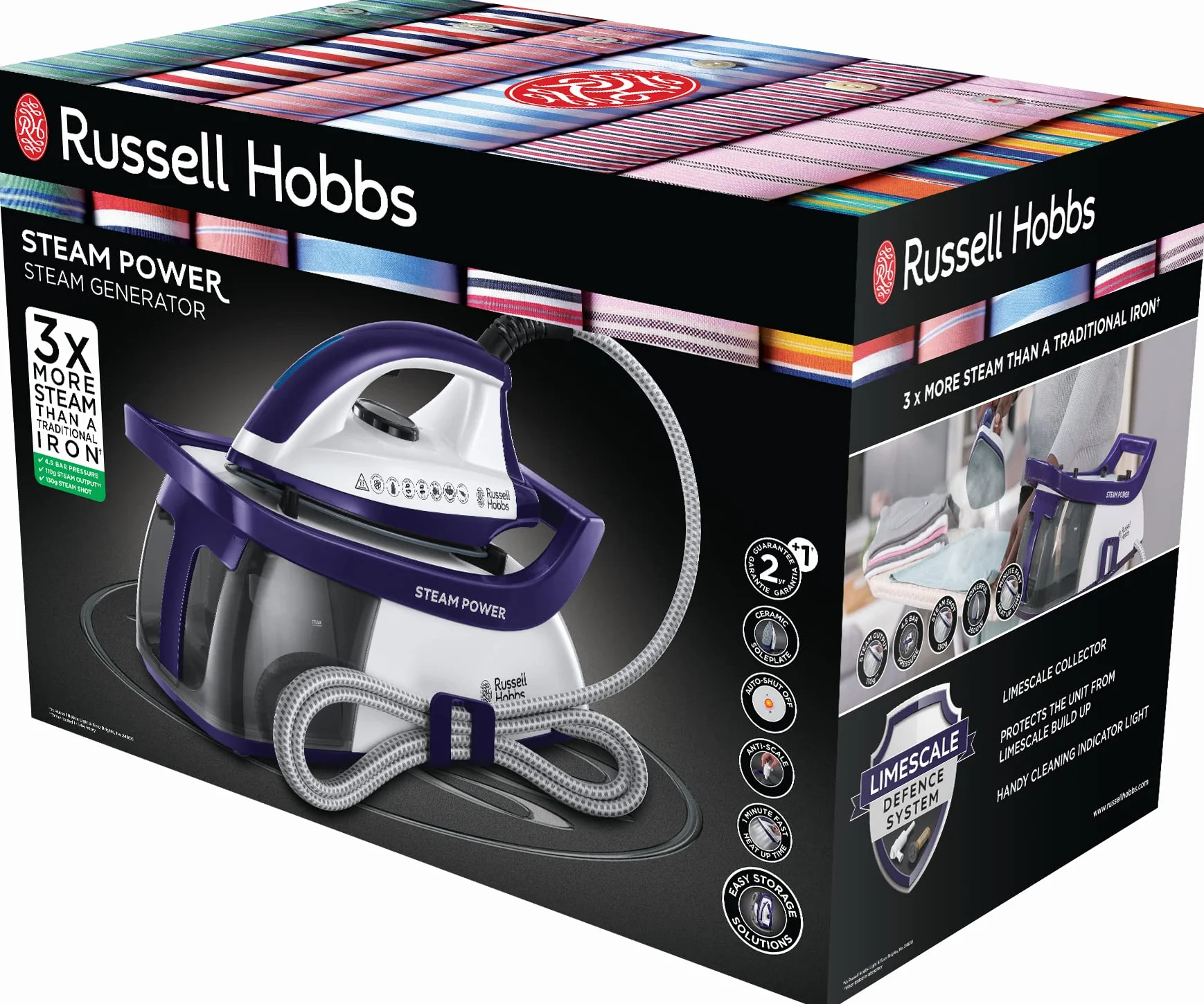 Russell Hobbs Generator pary [2600W, ciągła para 100g] Steam Power (ciśnienie 4,5 bara, nagrzewanie 60s., przewód 1,9m, 3 ustawienia pary, zbiornik 1,3L, ceramiczna stopa, uchwyty) 24440-56
