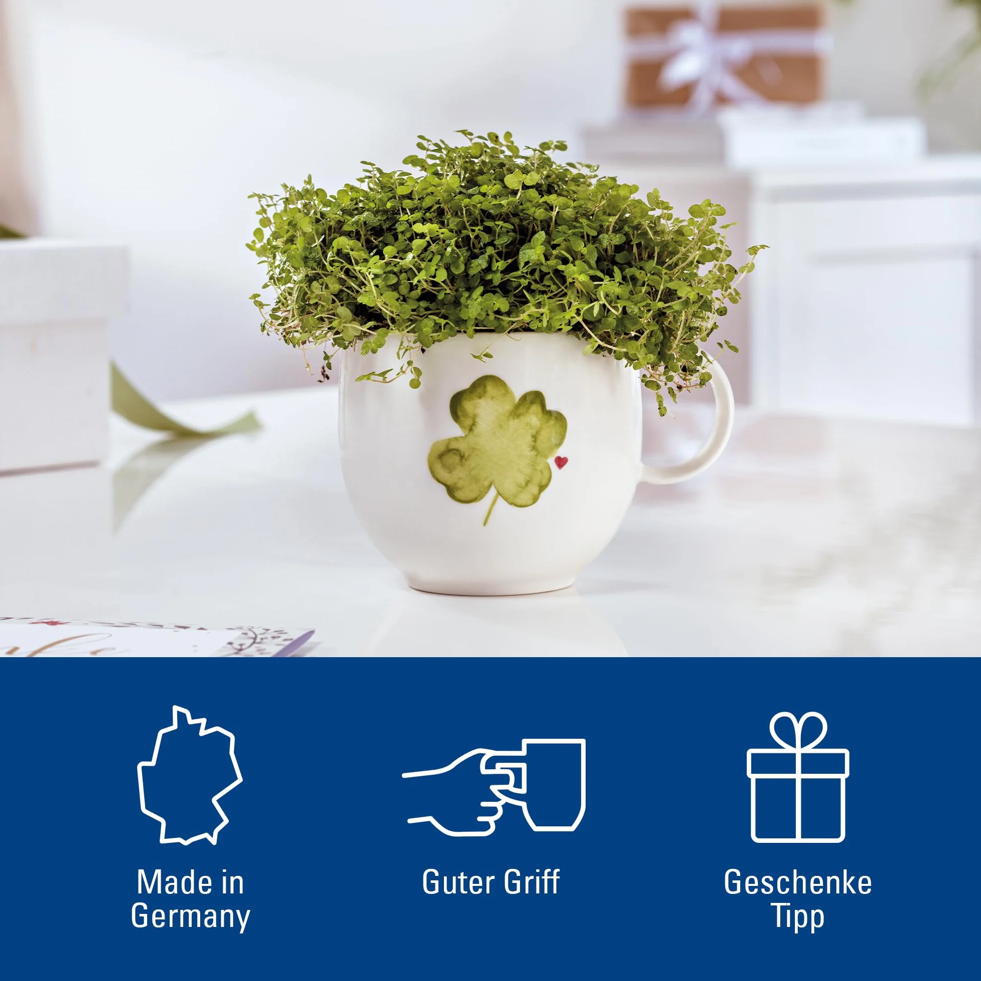 Villeroy & Boch – With Love kubek z uchem Good Luck 12,5x9,5x8,5 cm, porcelana Premium, filiżanka do kawy i herbaty, 290 ml, zmywarka, mikrofala