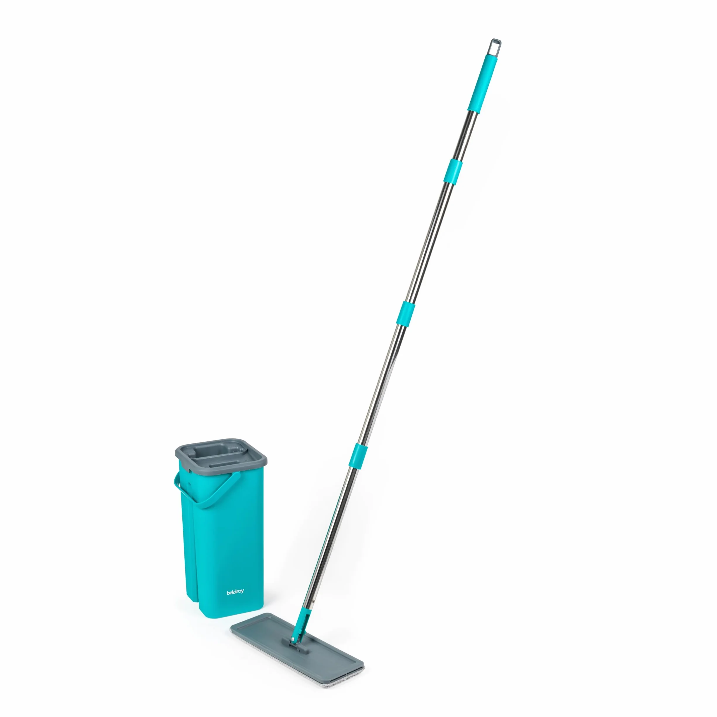 Beldray AntiBac Mop Płaski & Wiadro - 5 L, Wbudowana Funkcja Wyżymania, Zintegrowany Podnóżek, Głowica Obracająca się o 180°, 2 Dodatkowe Nakładki na Mop w Zestawie, Kompaktowy Design, Smukła Głowica