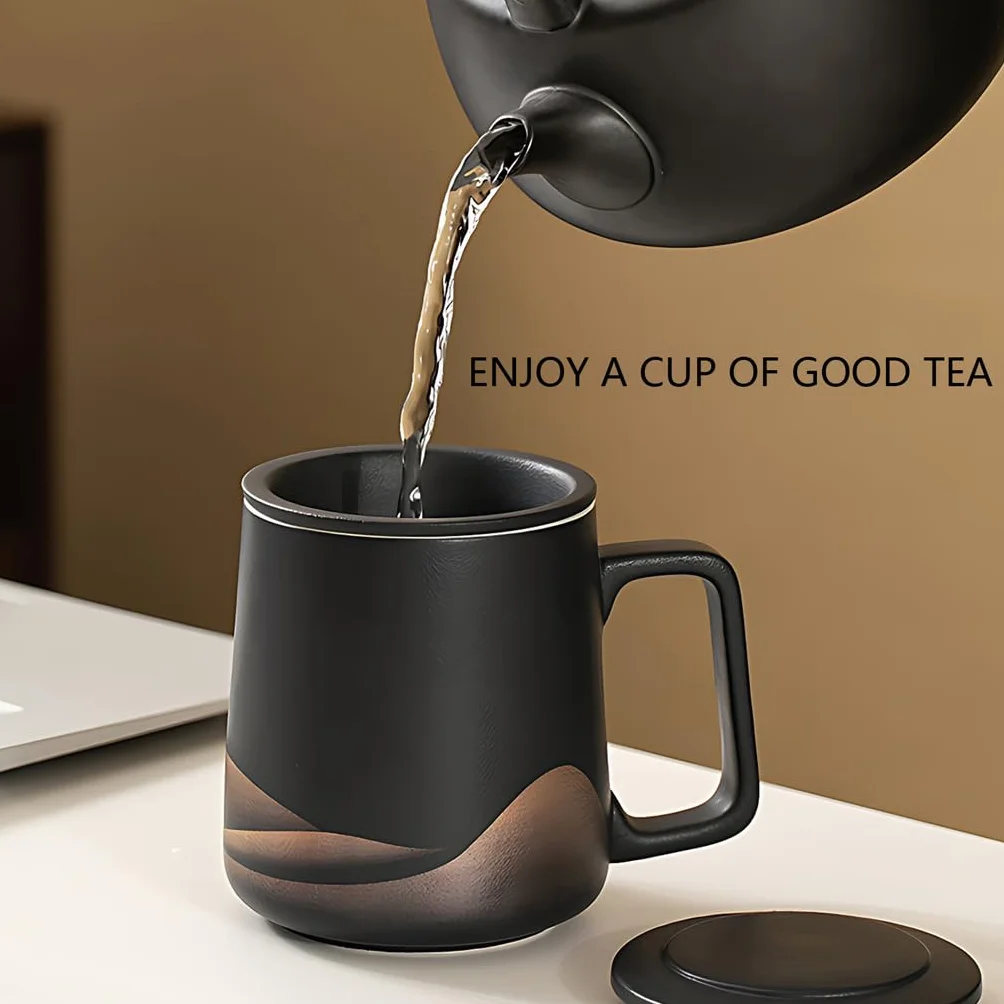 Filiżanka do herbaty z pokrywką i sitkiem, 360 ml, z sitkiem do herbaty i pokrywką, matowa, ceramiczna, prezent dla miłośników herbaty, ręcznie spryskiwana, czarna glazura