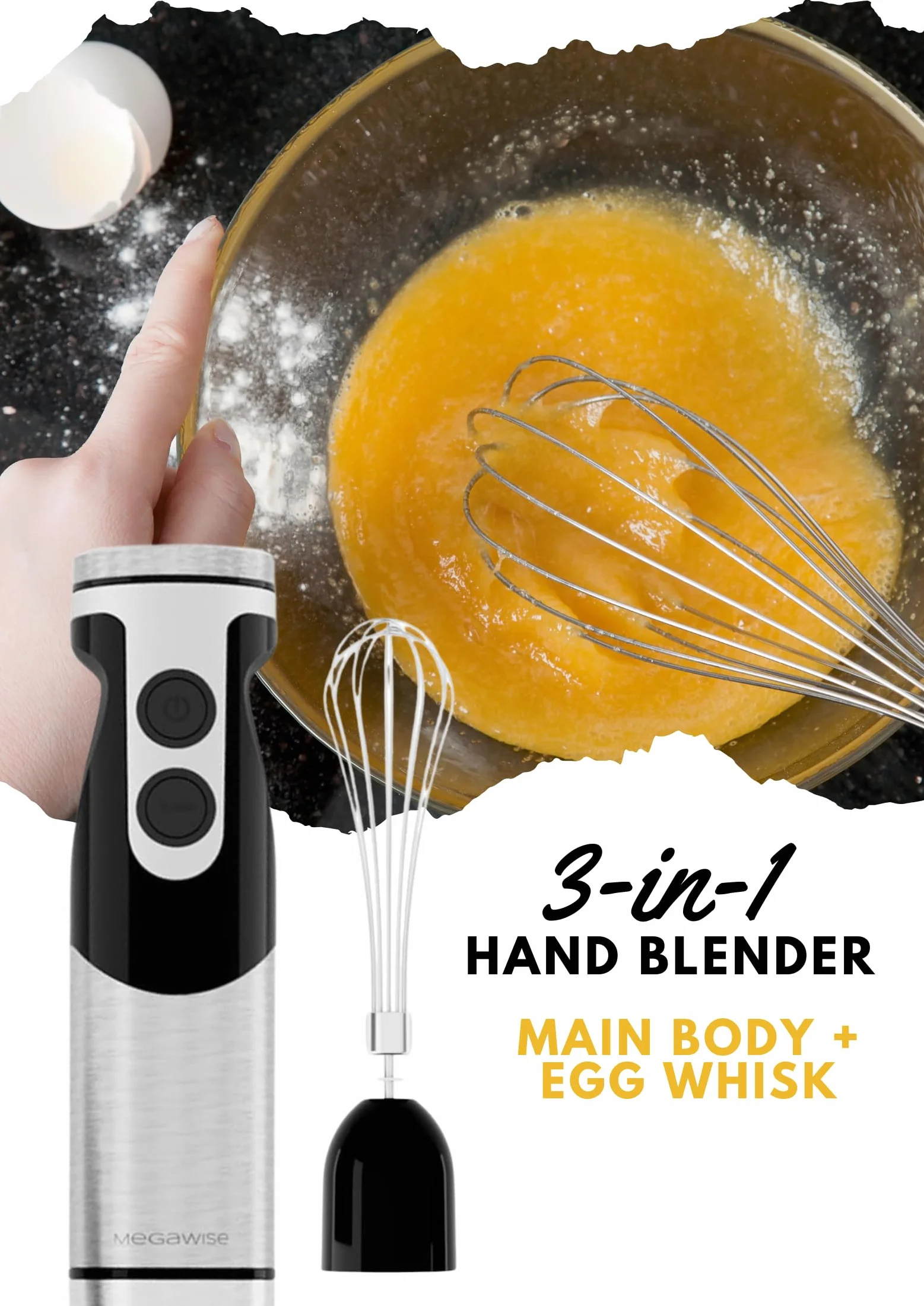Megawise High-Power Hand Blender – maksymalna moc 400W z wszechstronnymi załącznikami 3-w-1 (wał mieszający, whisk, chopper); Ergonomiczny design z regulowaną kontrolą prędkości (czarny)
