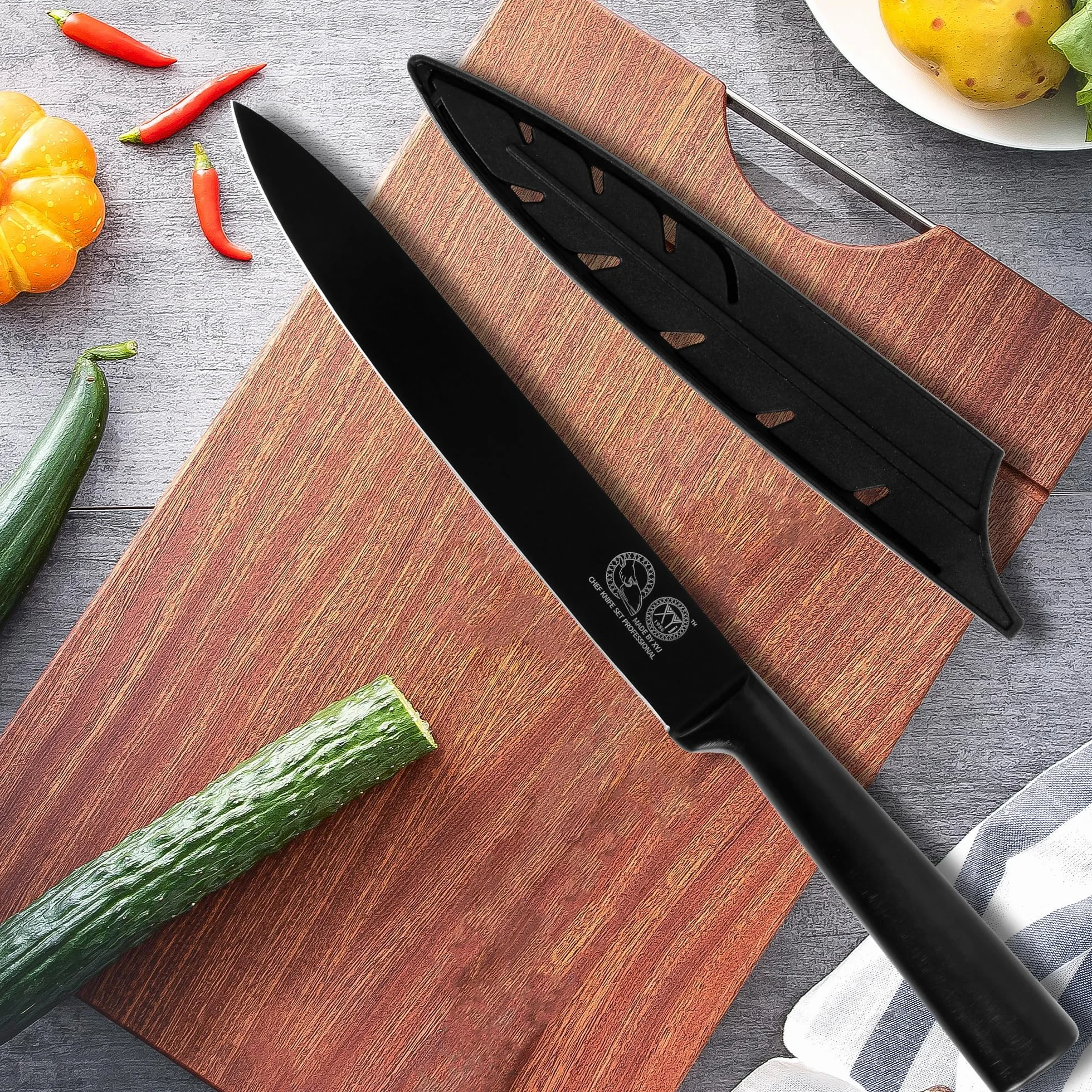XYJ 8 Inch Professional Kitchen Knife, Full Black Japanese Chef Slicing Knife, Meat Cleaver, Vegetable Slicer Cutting Knife With Sheath, Edge Guard Protector, Outdoor Camping for Mom Dad