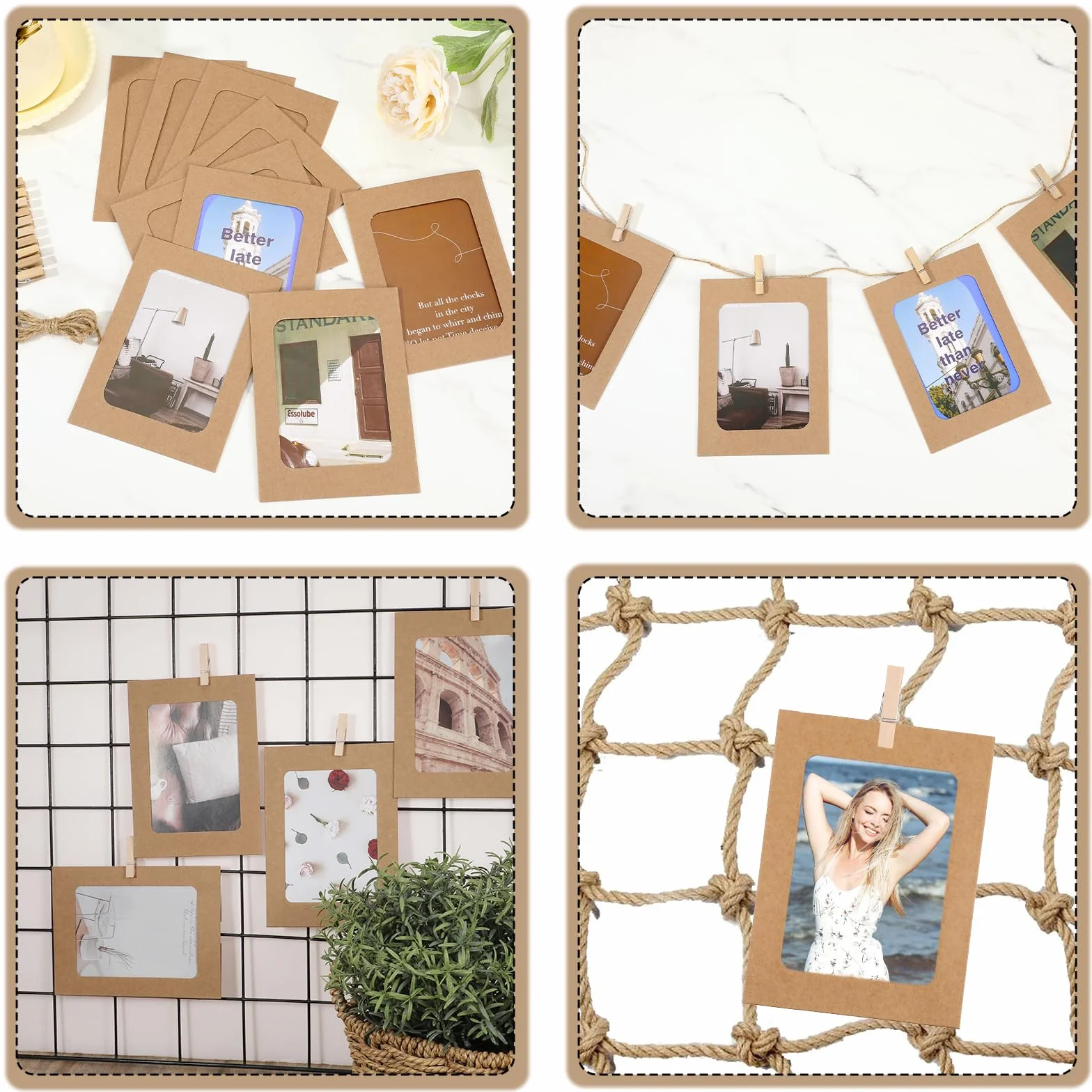 20 sztuk papierowych ramek na zdjęcia, z papieru typu kraftowego, 11,5 x 15,5 cm, linka na zdjęcia z 20 drewnianymi klamerkami, 2 sztuki, zestaw ramek na zdjęcia z kartonu, do domu, szkoły