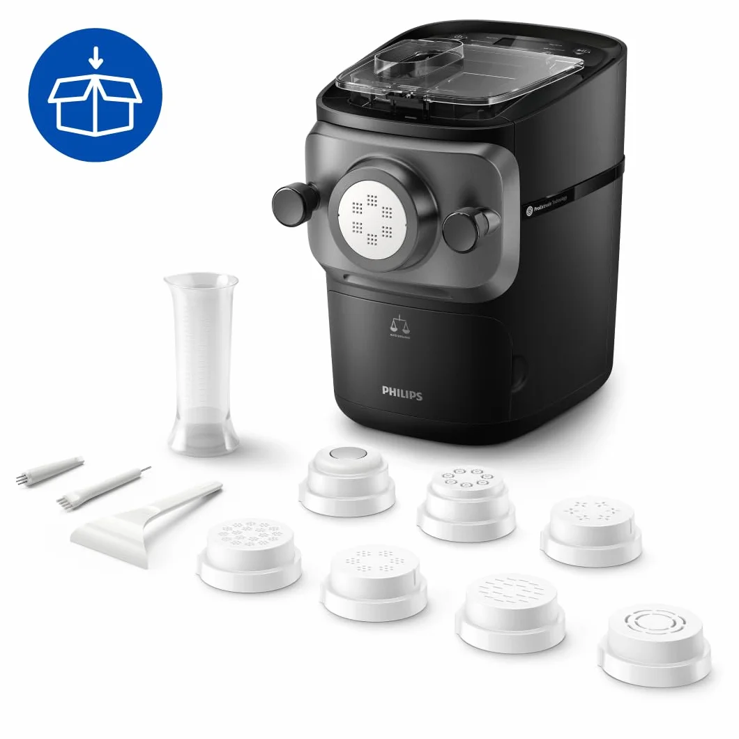 Philips Seria 7000 Urządzenie do wyrobu makaronu - Technologia ProExtrude, Automatyczne ważenie, 8 tarczy formujących, Idealne ciasto, Łatwe czyszczenie, Czarny (HR2665/93)