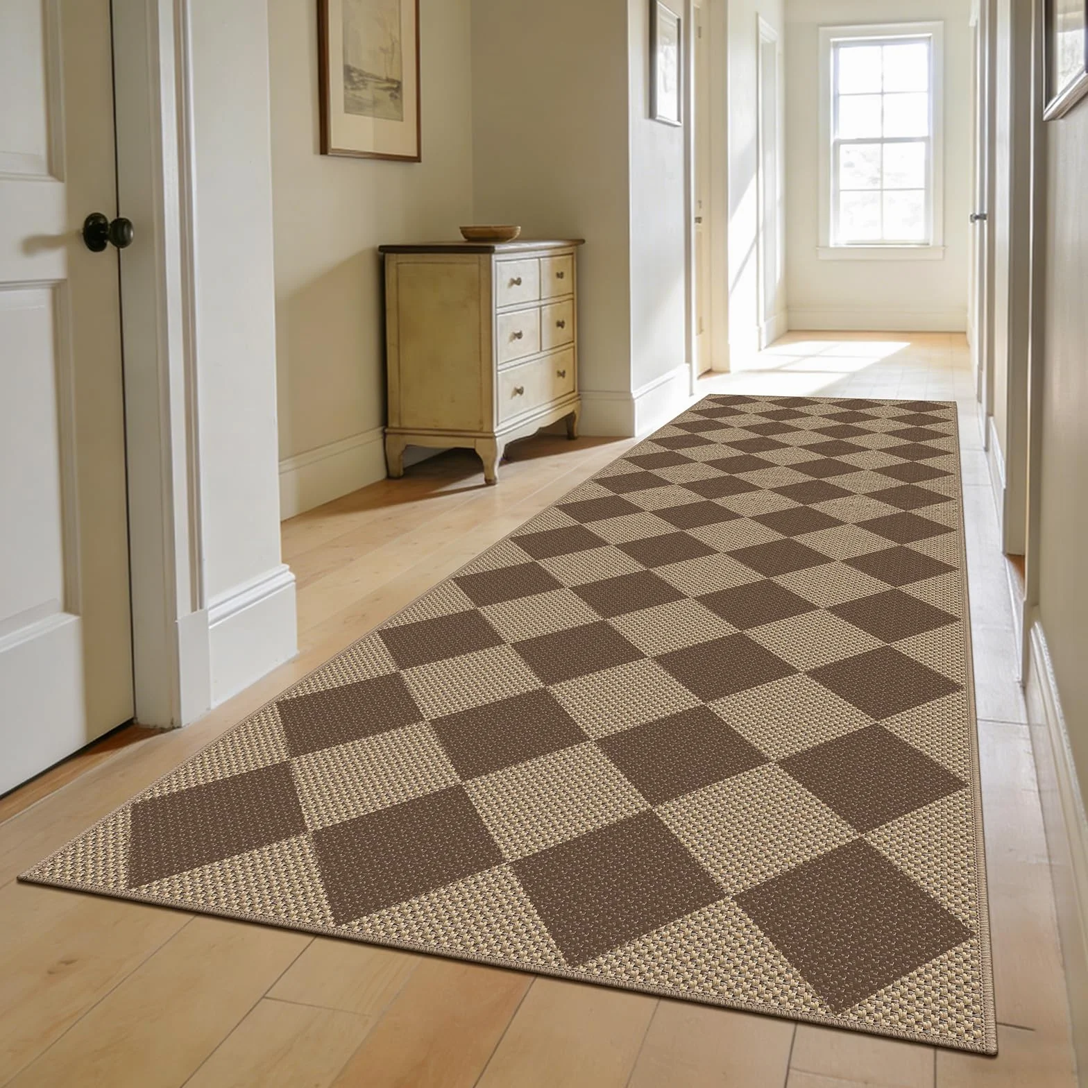 Capslpad Dywanik na korytarz, 80 x 300 cm, w kratkę, wygląd juty, naturalny, nadaje się do prania, brązowy, antypoślizgowy, do salonu, korytarza, kuchni, sypialni, na balkon